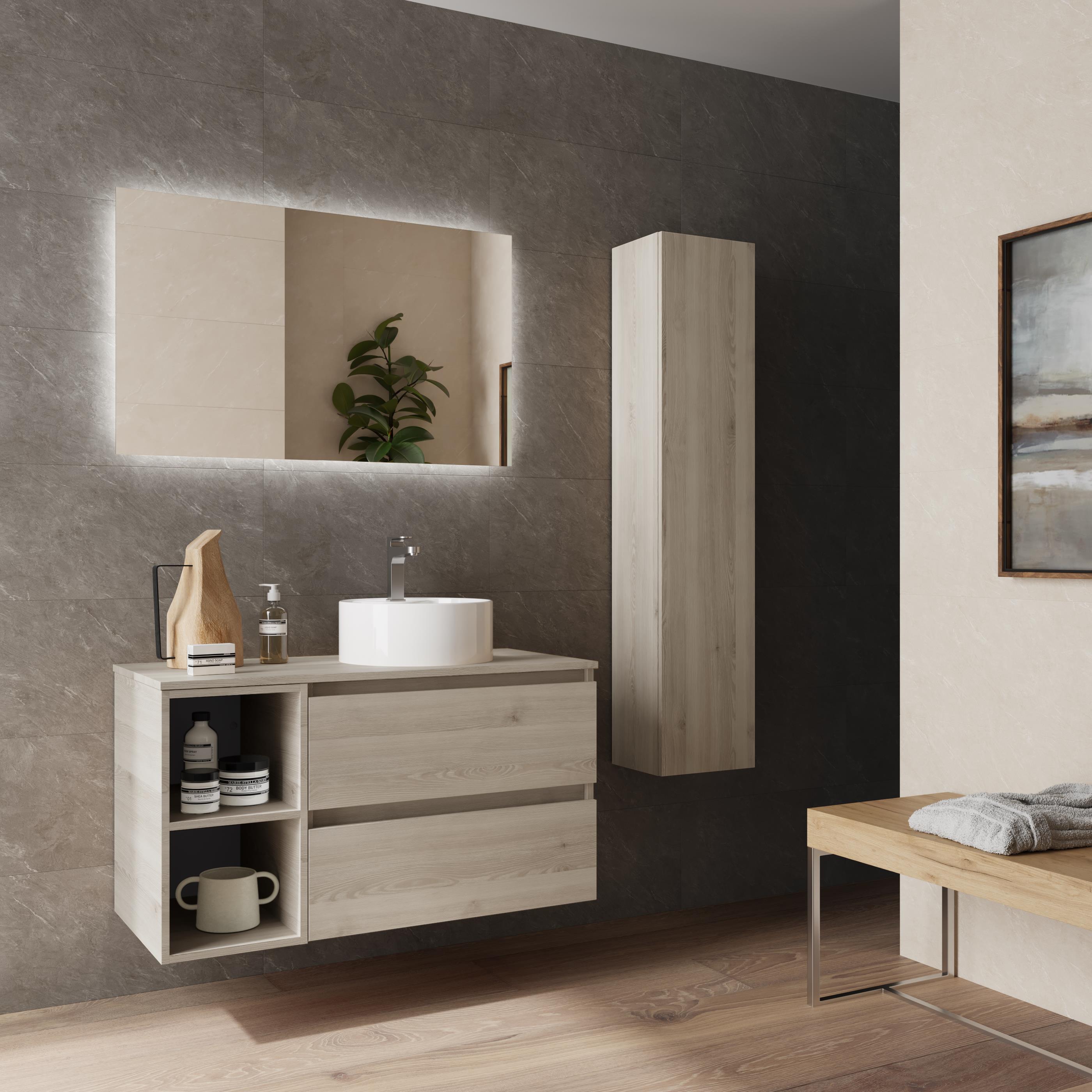 Imagen 3 de Mueble de baño con 2 cajones con 2 huecos y lavabo sobre encimera de 1 poza lado reversible Bequia Plus Salgar - Natural 90 cm Natural