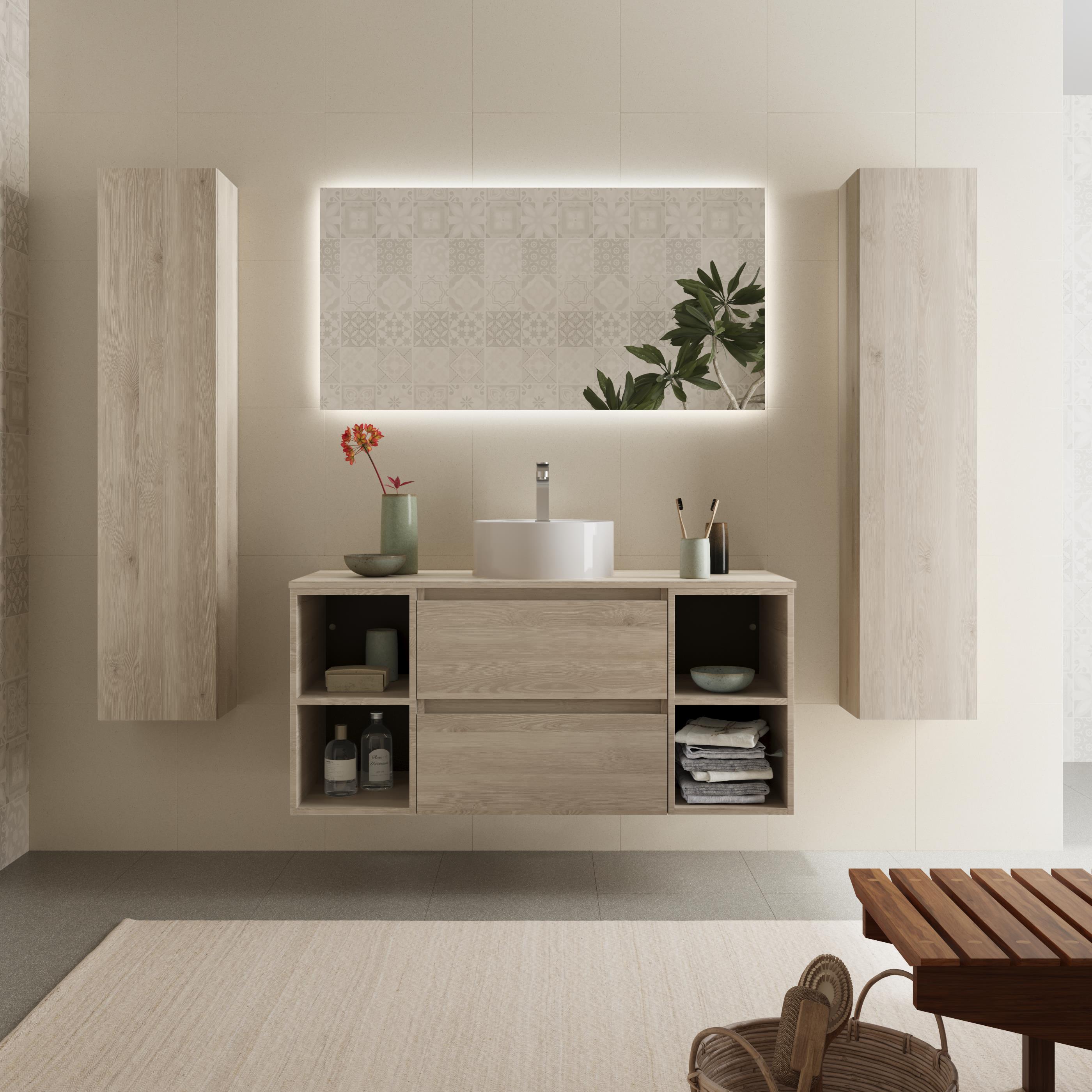 Imagen 2 de Mueble de baño con 2 cajones con 2 huecos y lavabo sobre encimera de 1 poza Bequia Plus Salgar - Natural 120 cm Natural