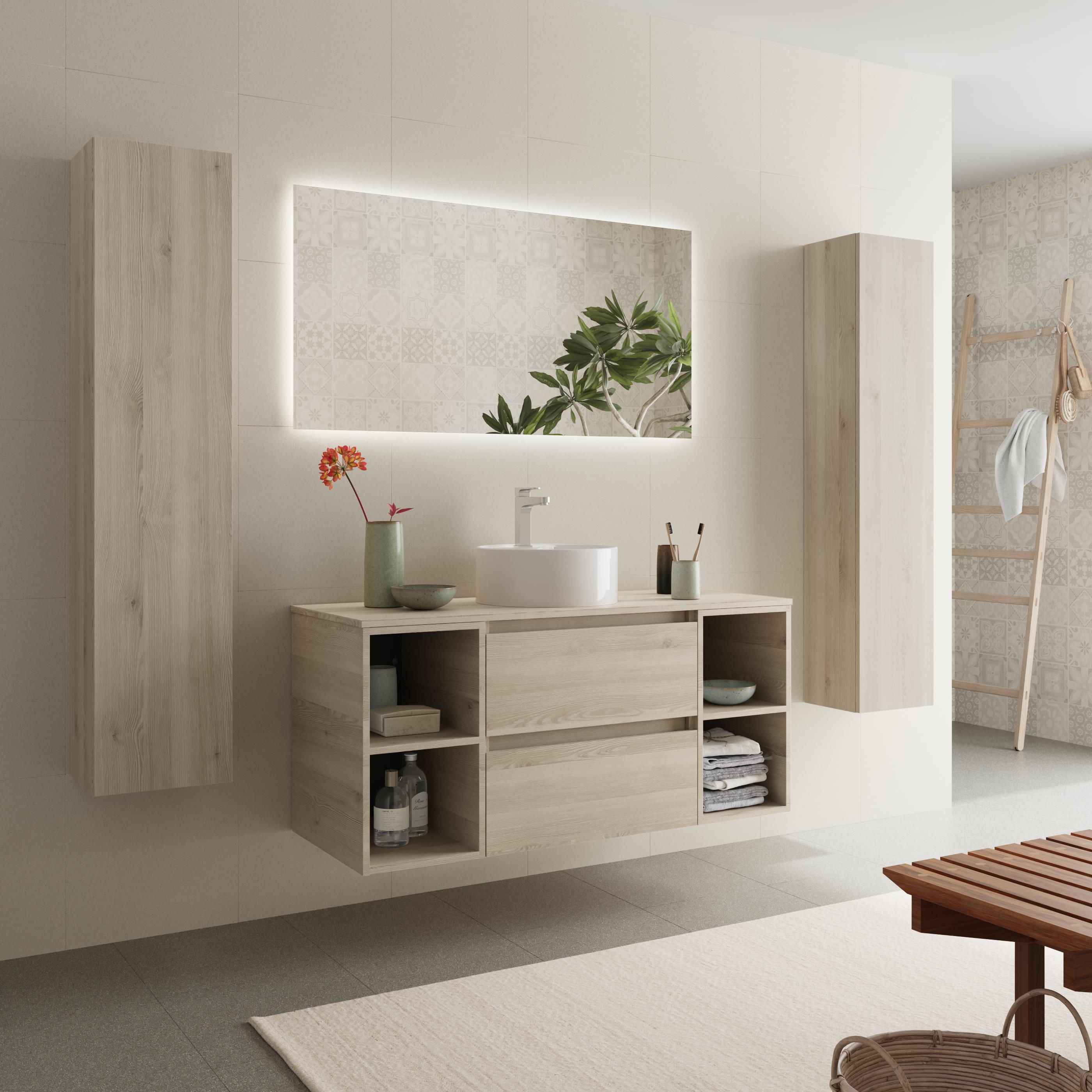 Imagen 3 de Mueble de baño con 2 cajones con 2 huecos y lavabo sobre encimera de 1 poza Bequia Plus Salgar - Natural 120 cm Natural