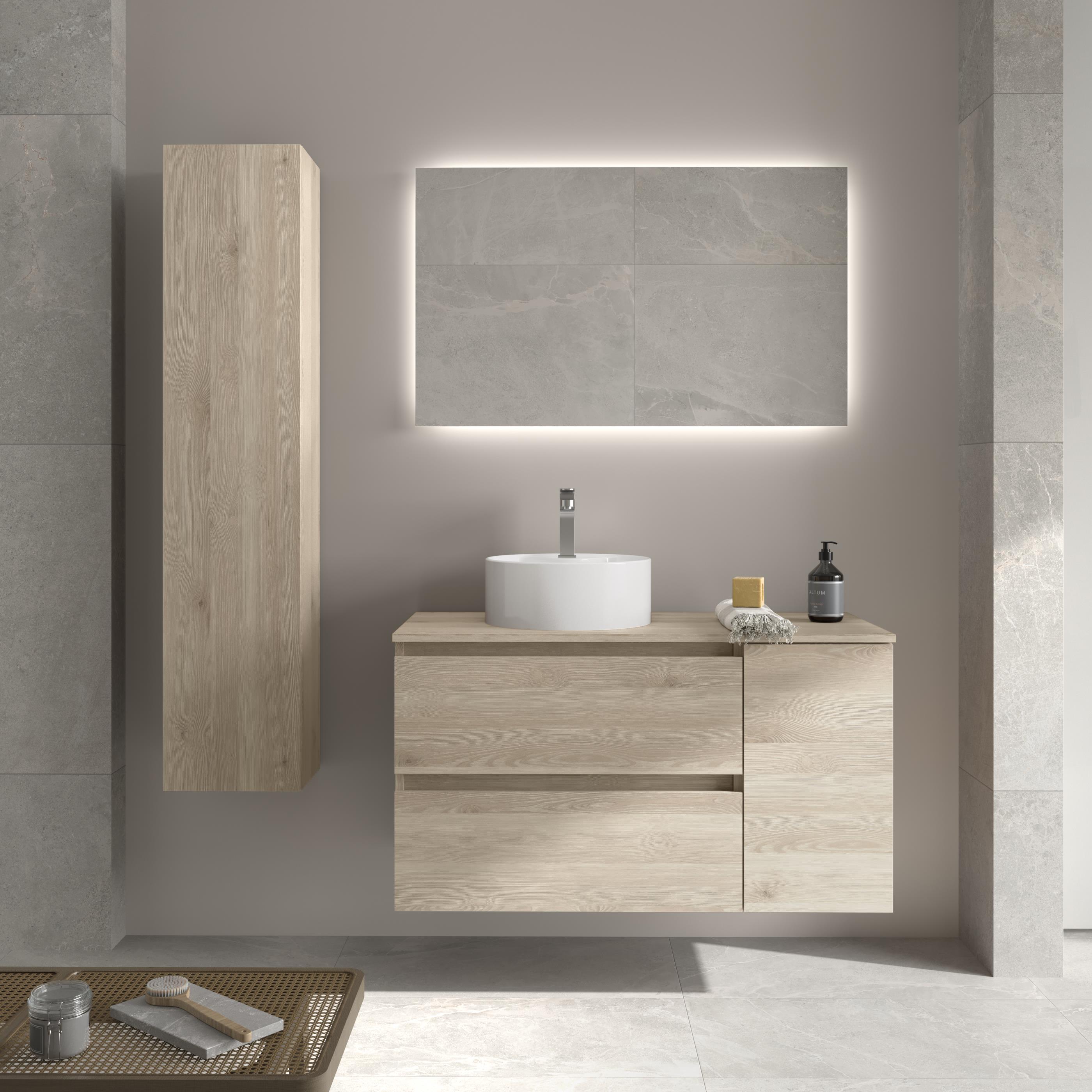 Imagen 2 de Mueble de baño con 2 cajones con 1 puerta y lavabo sobre encimera de 1 poza lado reversible Bequia Plus Salgar - Natural 90 cm Natural