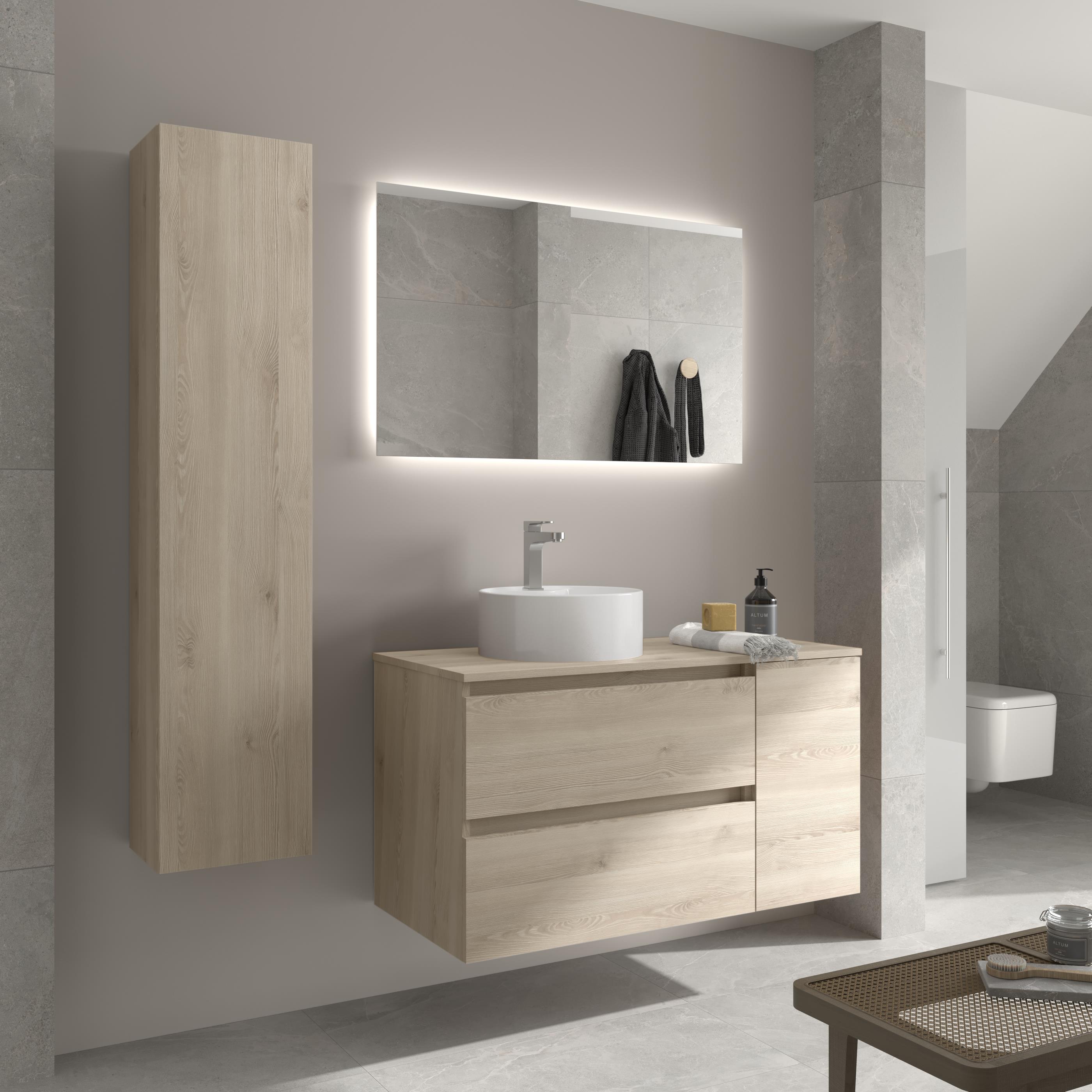 Imagen 3 de Mueble de baño con 2 cajones con 1 puerta y lavabo sobre encimera de 1 poza lado reversible Bequia Plus Salgar - Natural 90 cm Natural