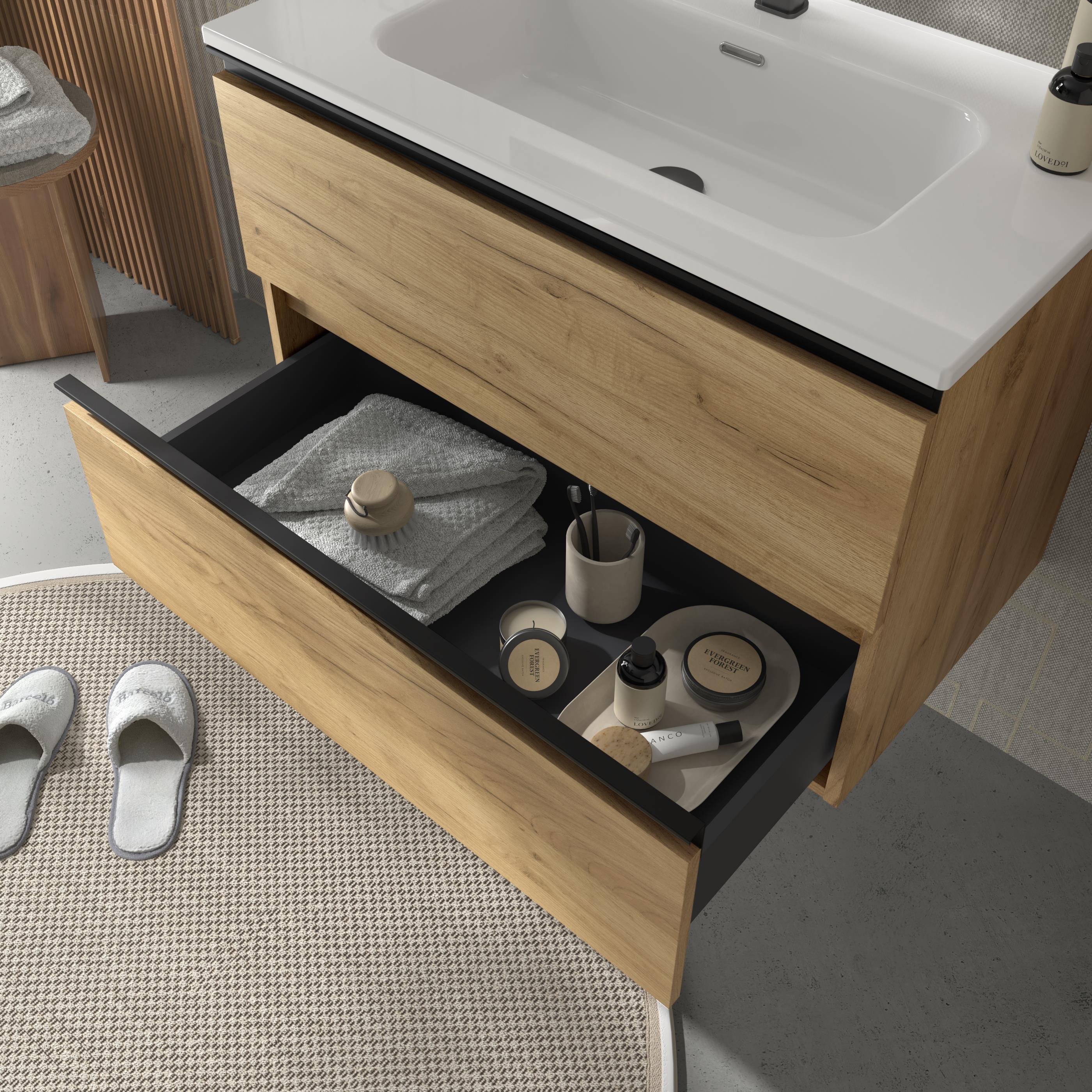 Mueble de baño metal con 2 cajones y lavabo de 1 poza Bequia Salgar - Roble 60 cm Roble-3