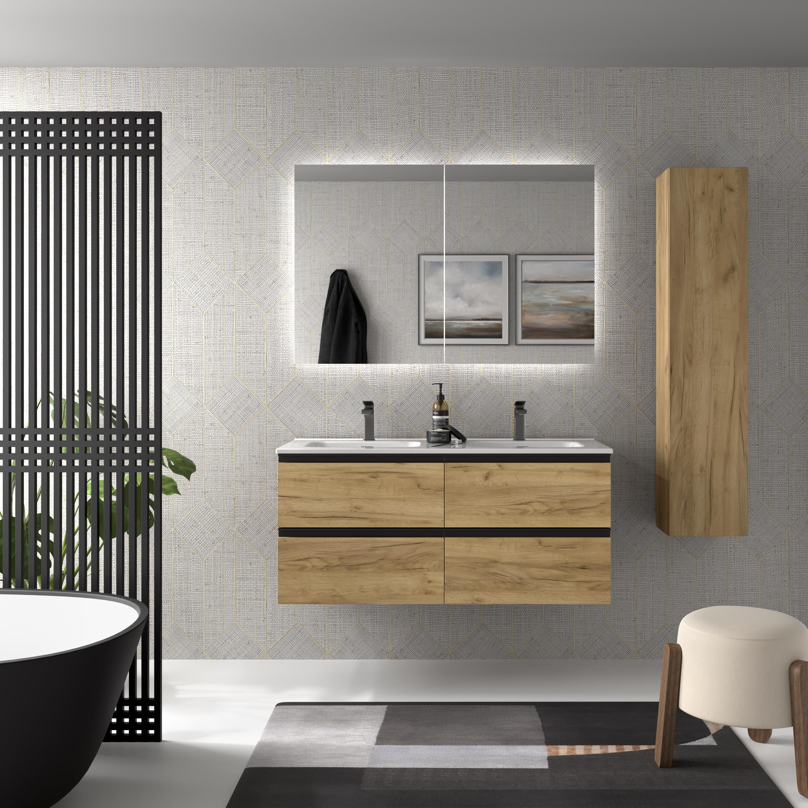 Imagen 2 de Mueble de baño metal con 4 cajones y lavabo de 2 pozas Bequia Salgar - Roble 120 cm Roble