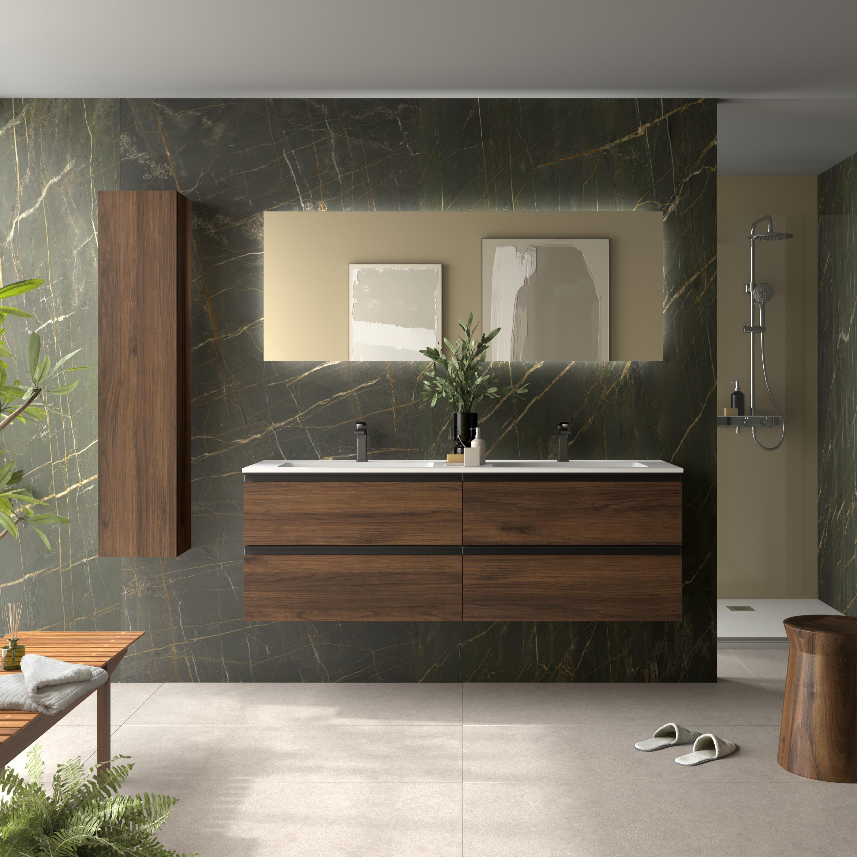 Imagen 2 de Mueble de baño metal con 4 cajones y lavabo Vilna de 2 pozas Bequia Salgar - Nogal 160 cm Nogal