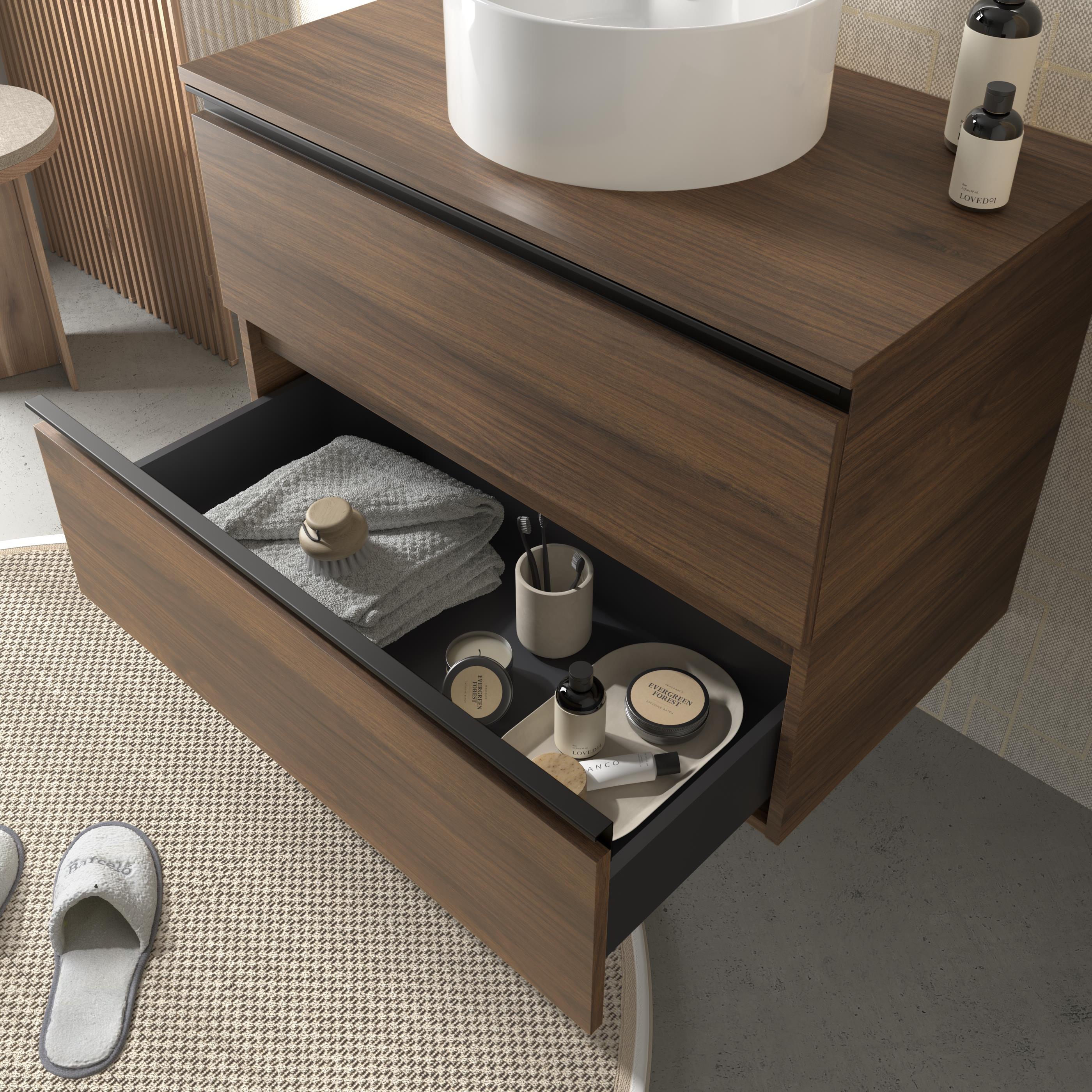 Imagen 3 de Mueble de baño metal con 2 cajones y lavabo sobre encimera de 1 poza Bequia Salgar - Nogal 70 cm Nogal