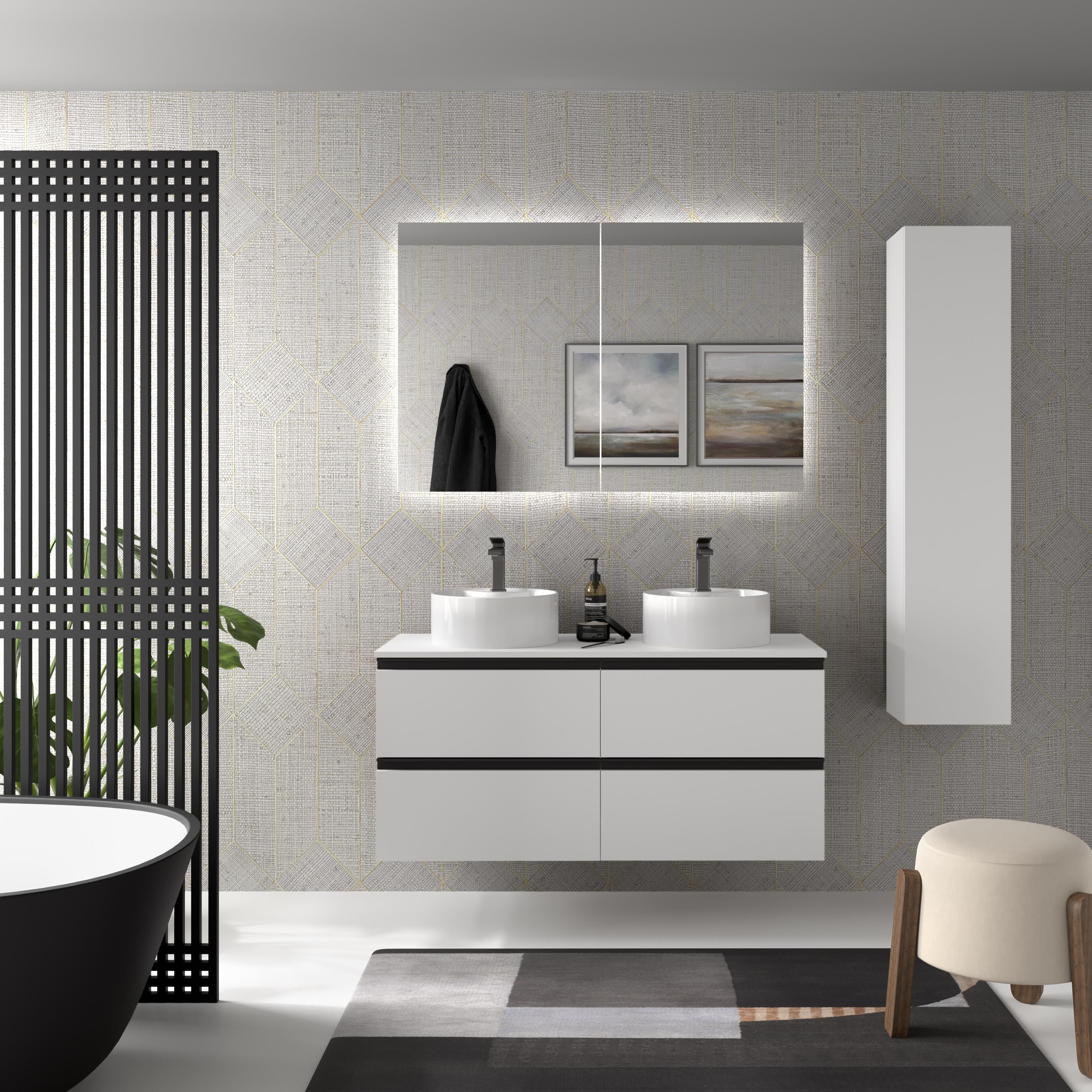 Imagen 2 de Mueble de baño metal con 4 cajones y lavabo sobre encimera de 2 pozas Bequia Salgar - Blanco mate 140 cm Blanco mate