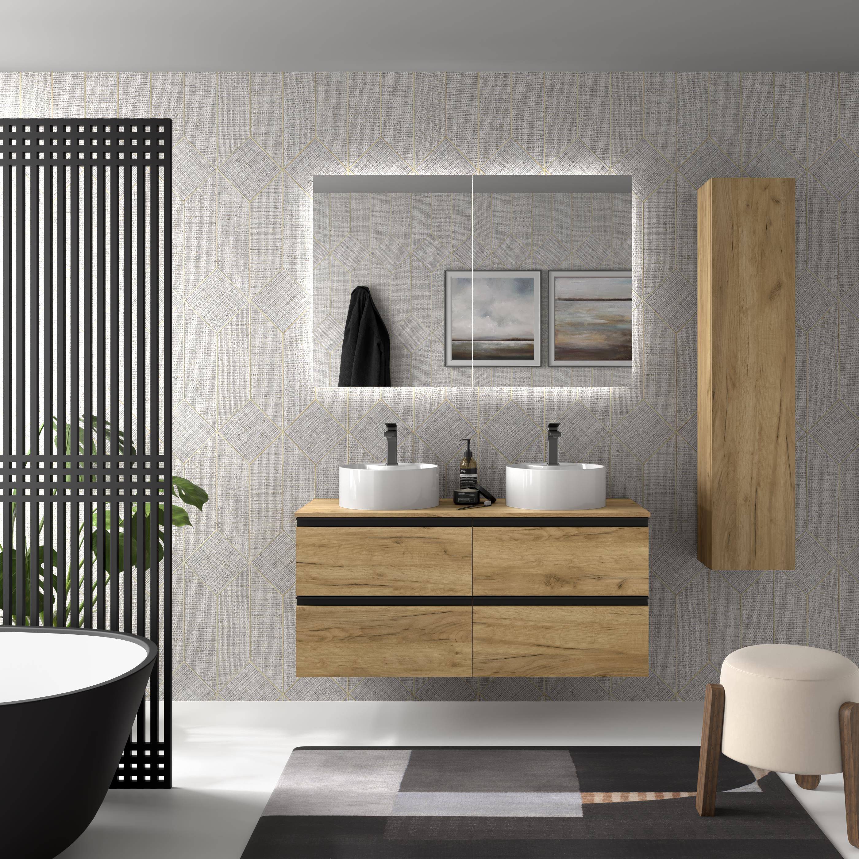 Imagen 2 de Mueble de baño metal con 4 cajones y lavabo sobre encimera de 2 pozas Bequia Salgar - Roble 140 cm Roble