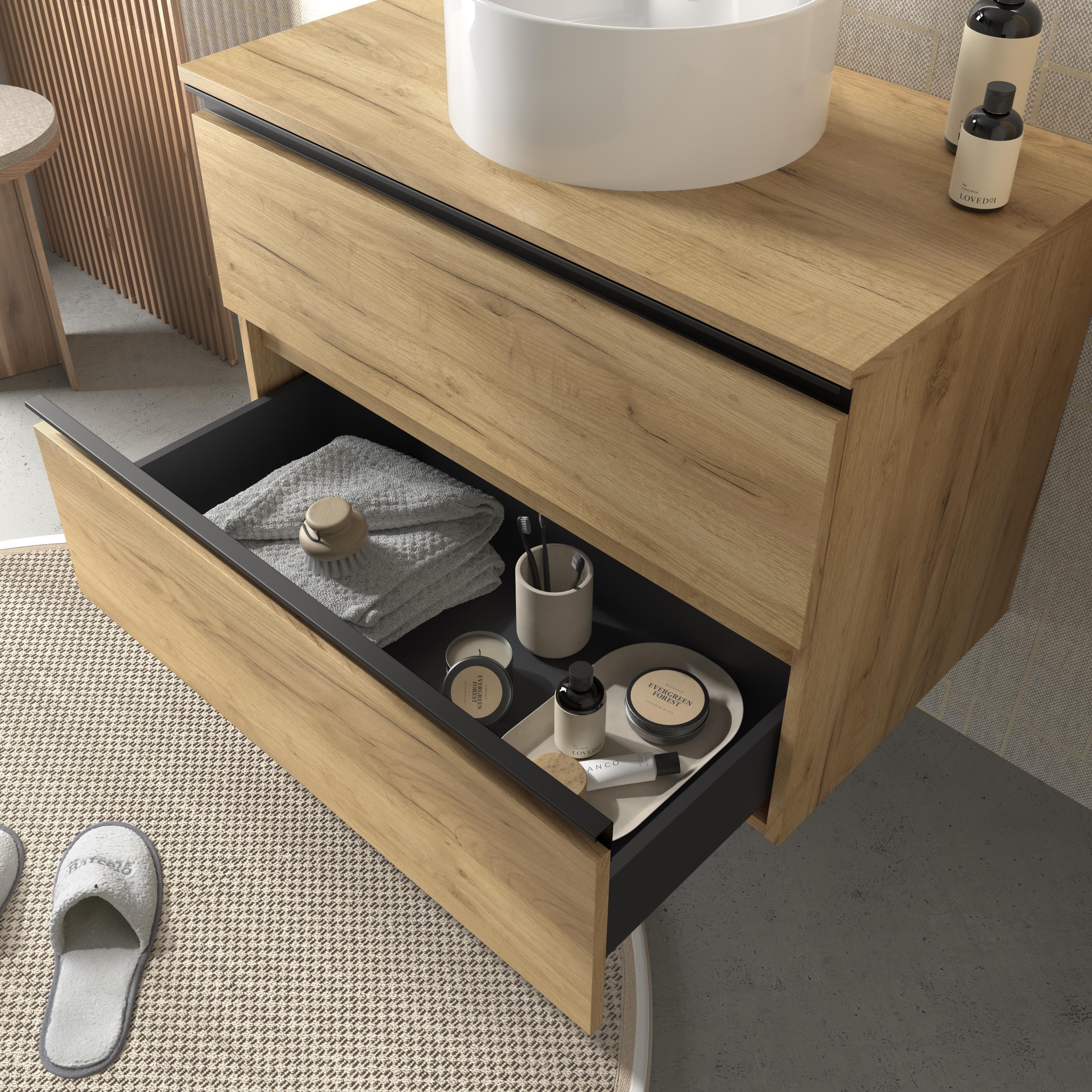 Imagen 3 de Mueble de baño metal con 4 cajones y lavabo sobre encimera de 2 pozas Bequia Salgar - Roble 140 cm Roble