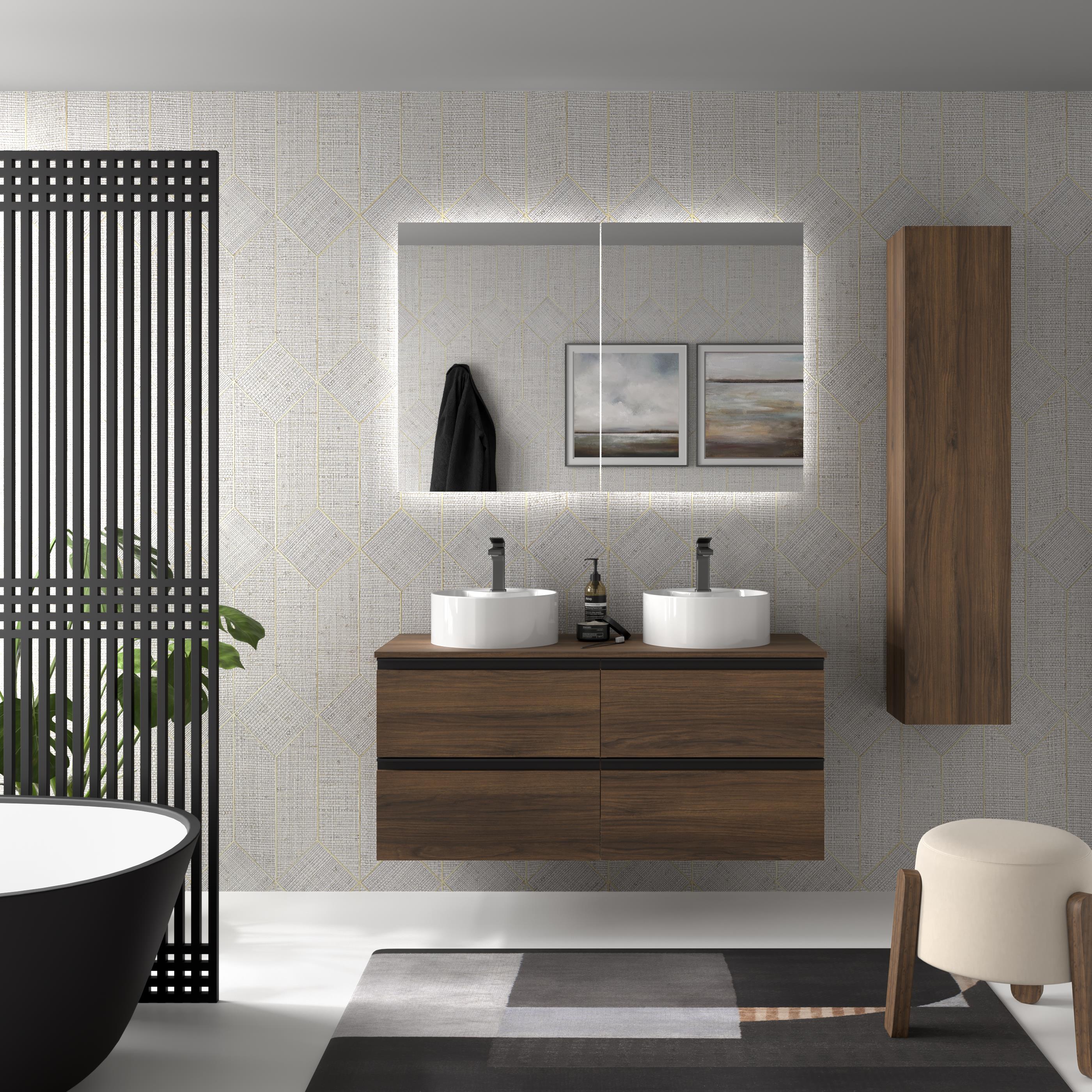 Imagen 2 de Mueble de baño metal con 4 cajones y lavabo sobre encimera de 2 pozas Bequia Salgar - Nogal 140 cm Nogal