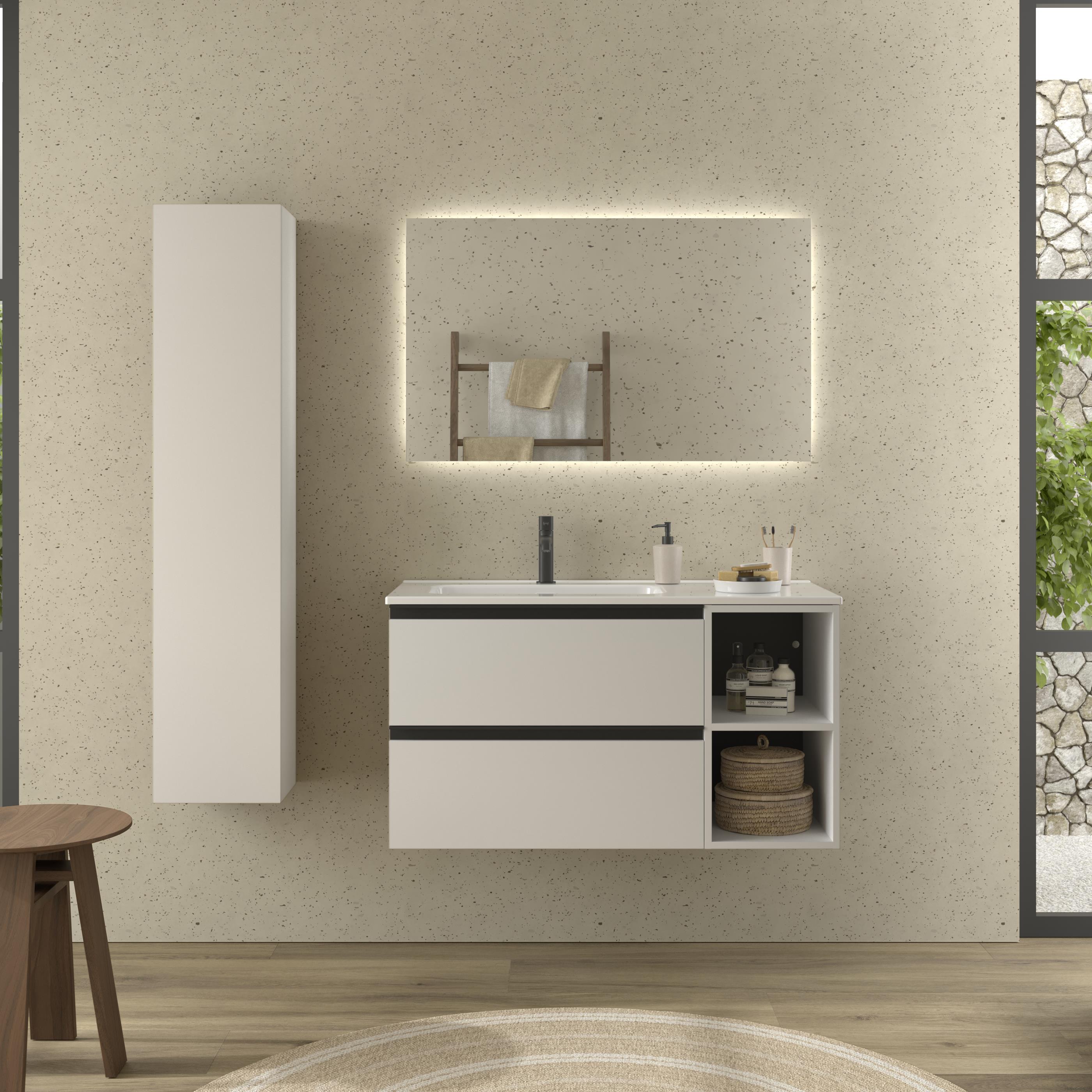 Imagen 2 de Mueble de baño con 2 cajones con 2 huecos y lavabo de 1 poza grifo izquierda Bequia Plus Metal Salgar - Blanco mate 90 cm Blanco mate