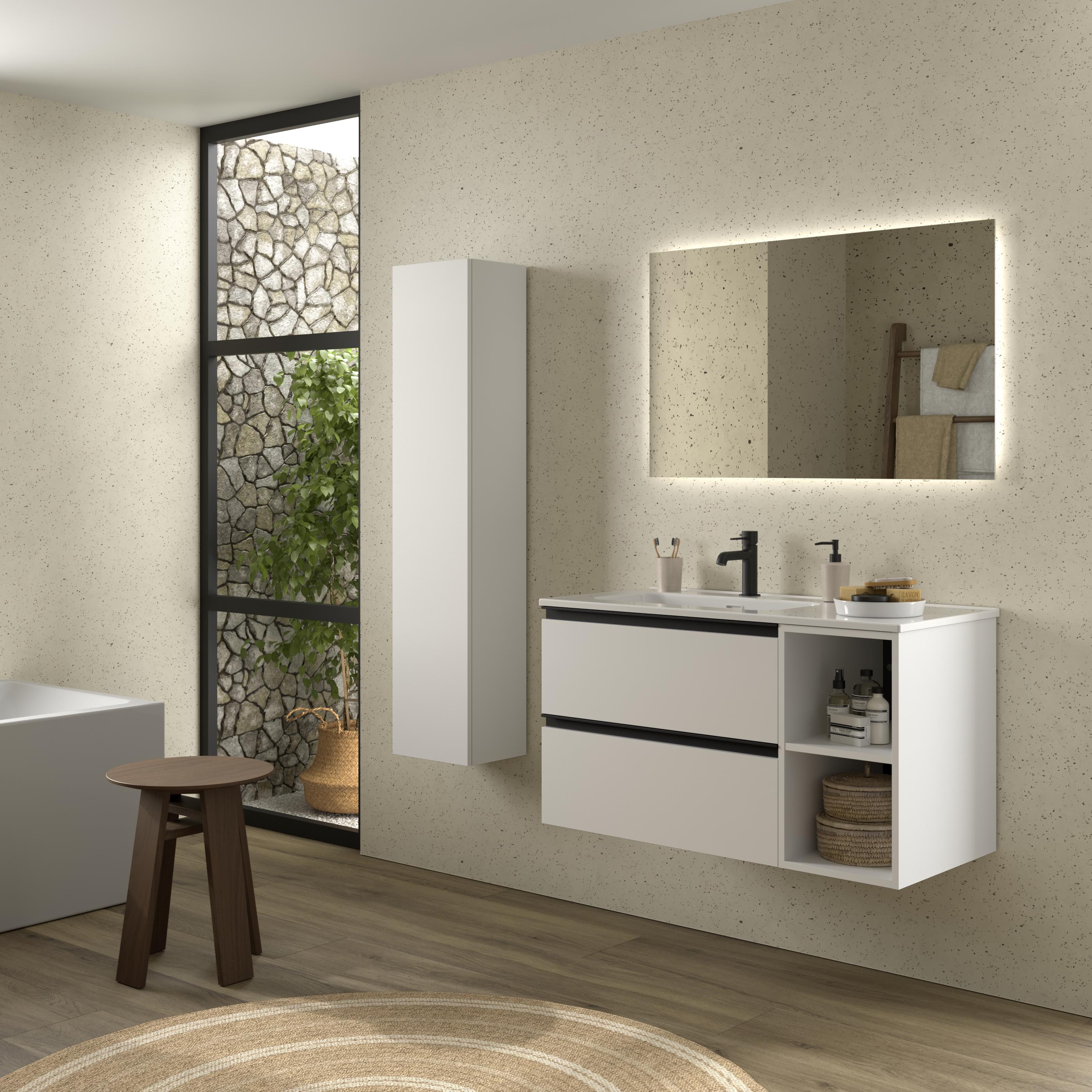 Imagen 3 de Mueble de baño con 2 cajones con 2 huecos y lavabo de 1 poza grifo izquierda Bequia Plus Metal Salgar - Blanco mate 90 cm Blanco mate
