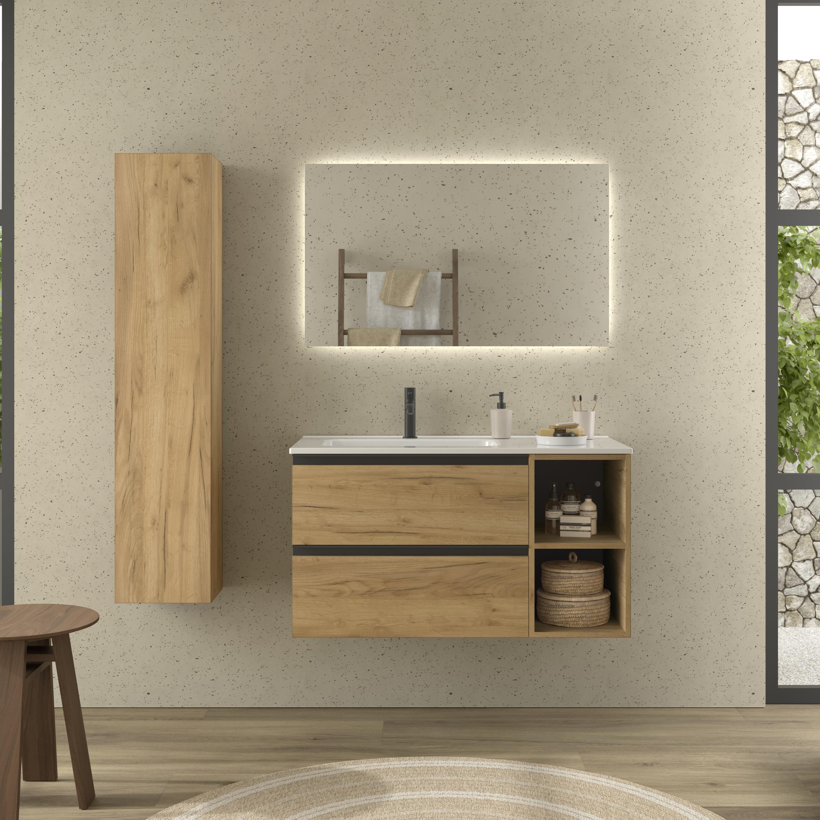 Imagen 2 de Mueble de baño con 2 cajones con 2 huecos y lavabo de 1 poza grifo izquierda Bequia Plus Metal Salgar - Roble 100 cm Roble