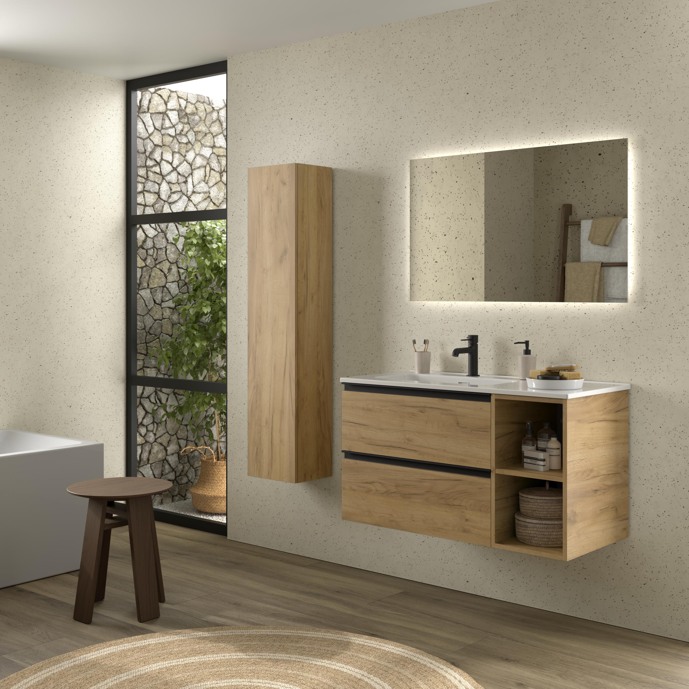 Imagen 3 de Mueble de baño con 2 cajones con 2 huecos y lavabo de 1 poza grifo izquierda Bequia Plus Metal Salgar - Roble 100 cm Roble