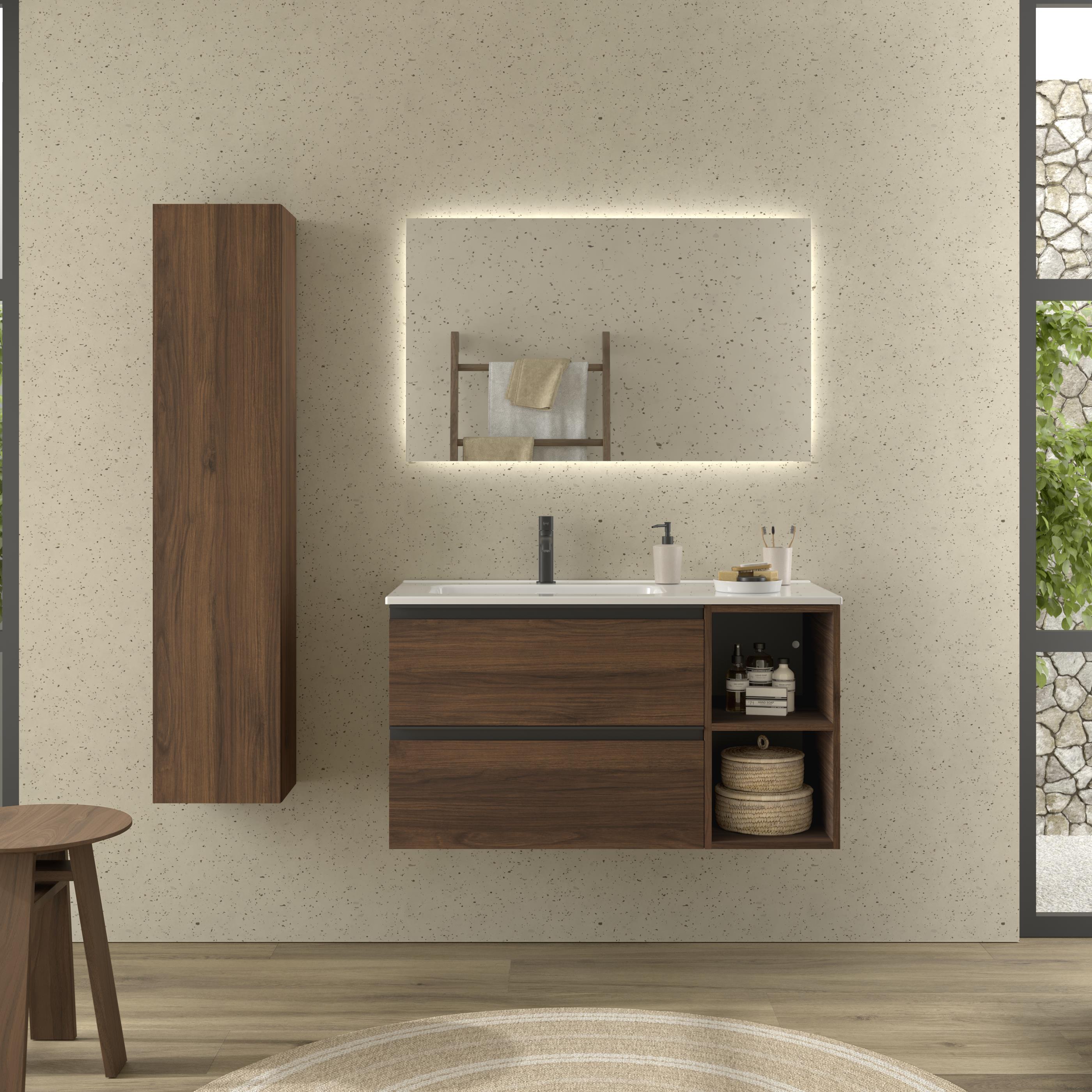 Imagen 2 de Mueble de baño con 2 cajones con 2 huecos y lavabo de 1 poza grifo izquierda Bequia Plus Metal Salgar - Nogal 100 cm Nogal