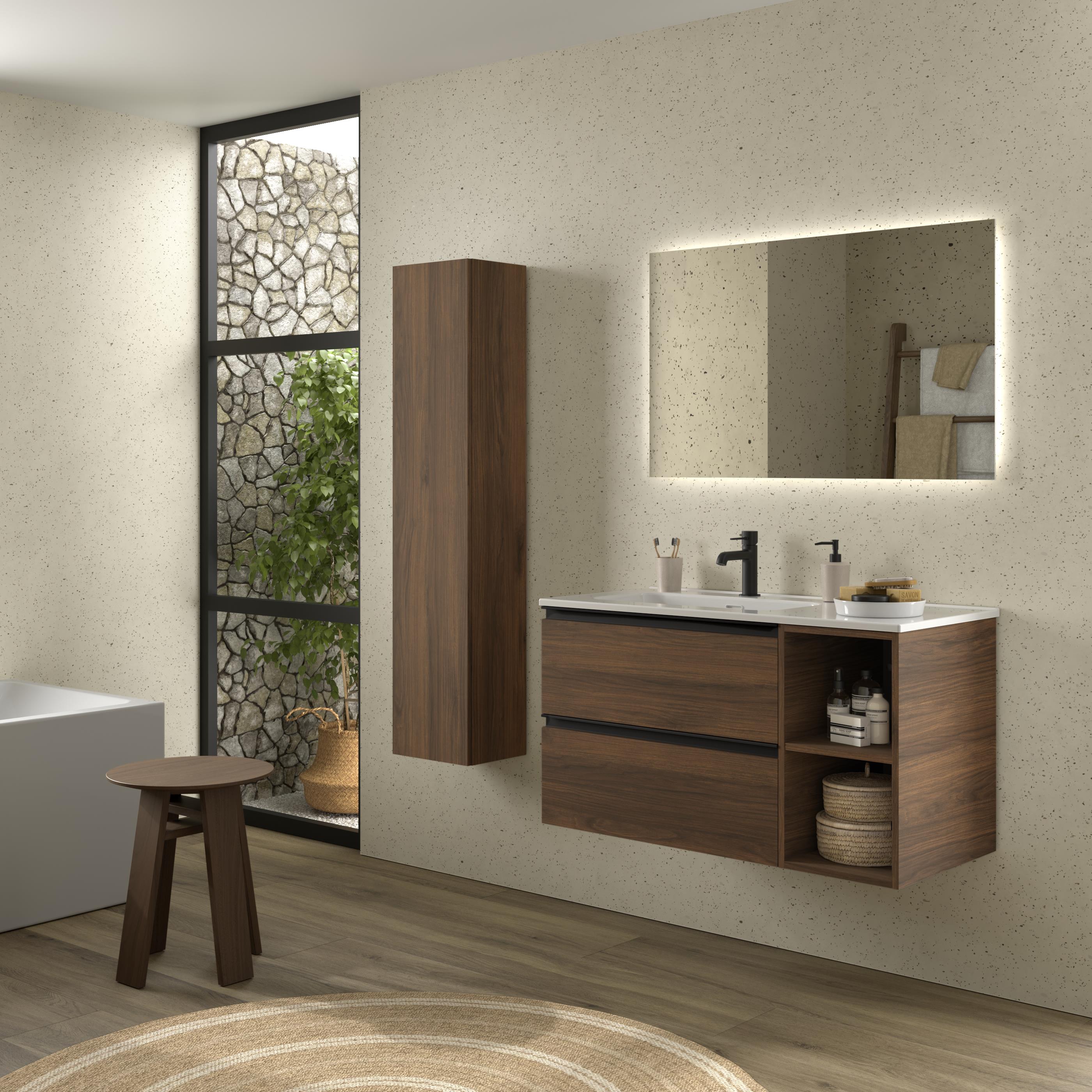 Imagen 3 de Mueble de baño con 2 cajones con 2 huecos y lavabo de 1 poza grifo izquierda Bequia Plus Metal Salgar - Nogal 100 cm Nogal