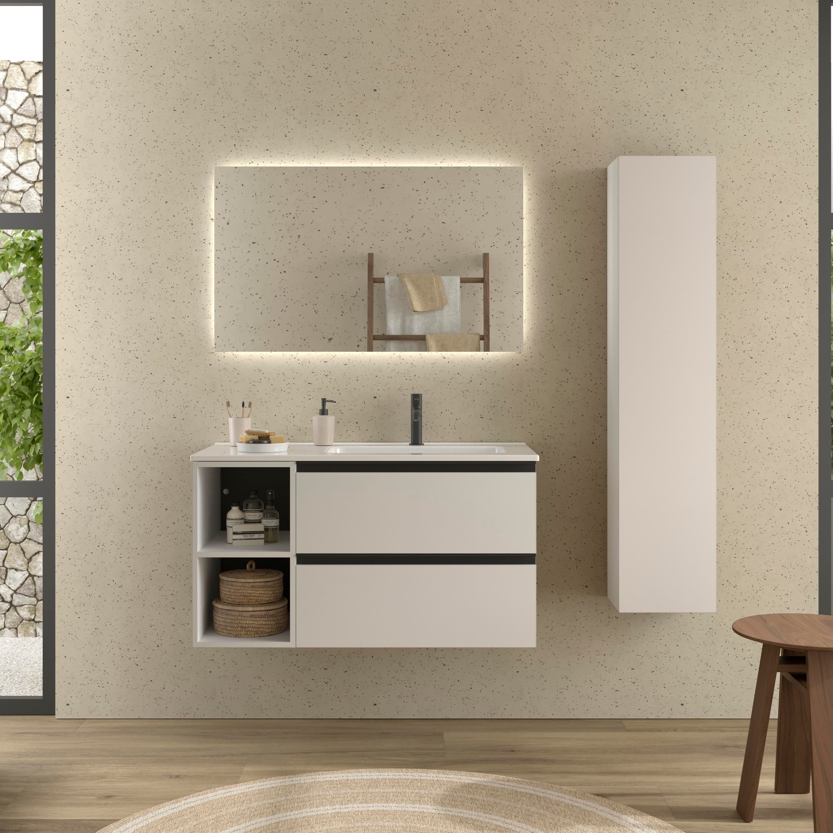 Imagen 2 de Mueble de baño con 2 cajones con 2 huecos y lavabo de 1 poza grifo derecha Bequia Plus Metal Salgar - Blanco mate 90 cm Blanco mate