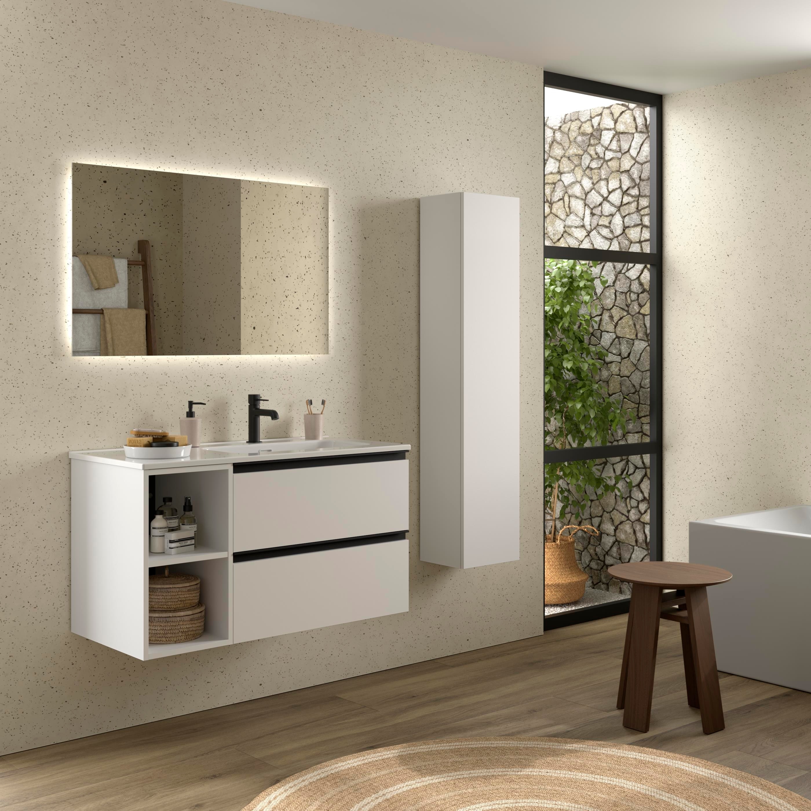 Imagen 3 de Mueble de baño con 2 cajones con 2 huecos y lavabo de 1 poza grifo derecha Bequia Plus Metal Salgar - Blanco mate 90 cm Blanco mate