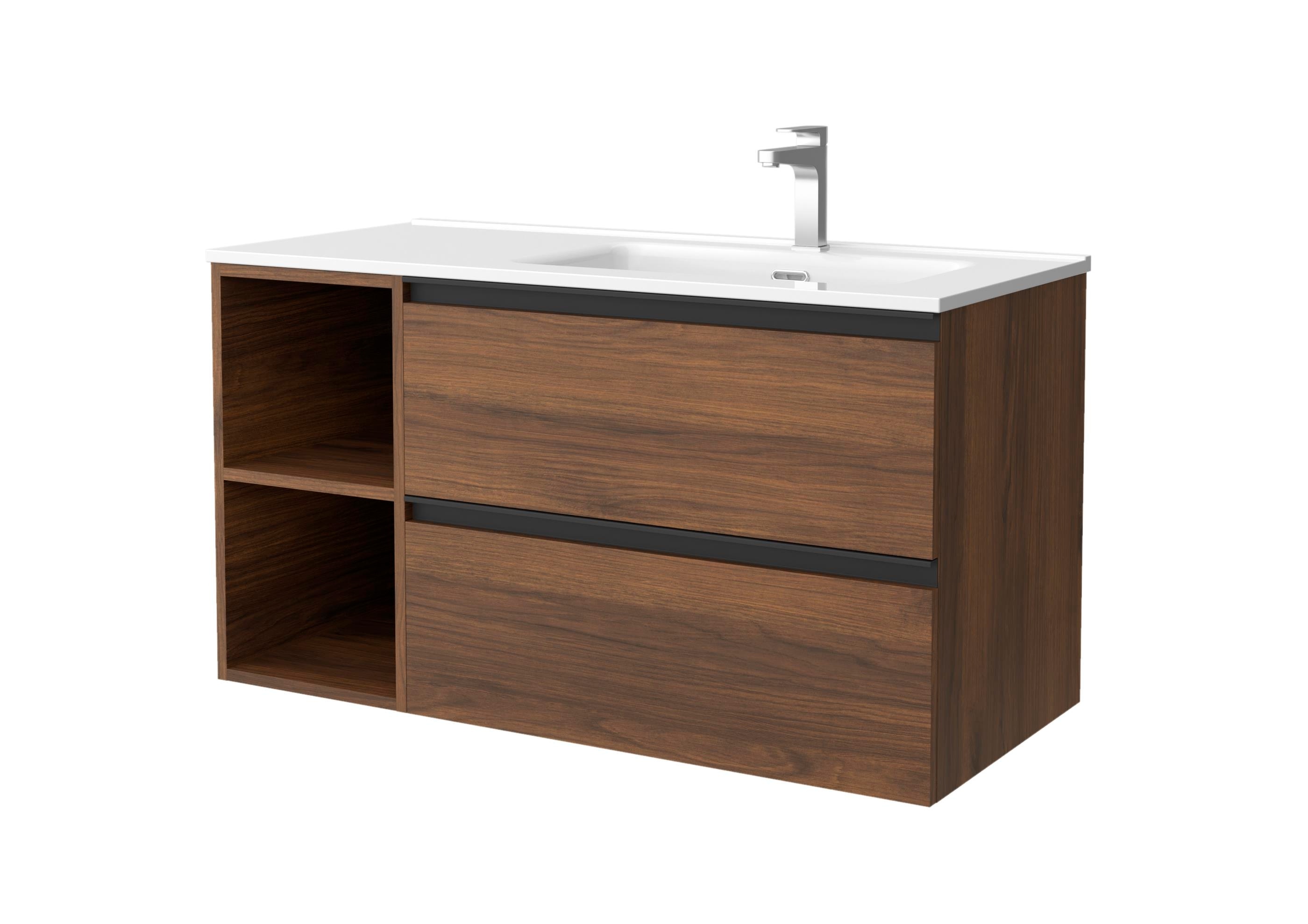 Imagen 1 de Mueble de baño con 2 cajones con 2 huecos y lavabo de 1 poza grifo derecha Bequia Plus Metal Salgar - Nogal 90 cm Nogal