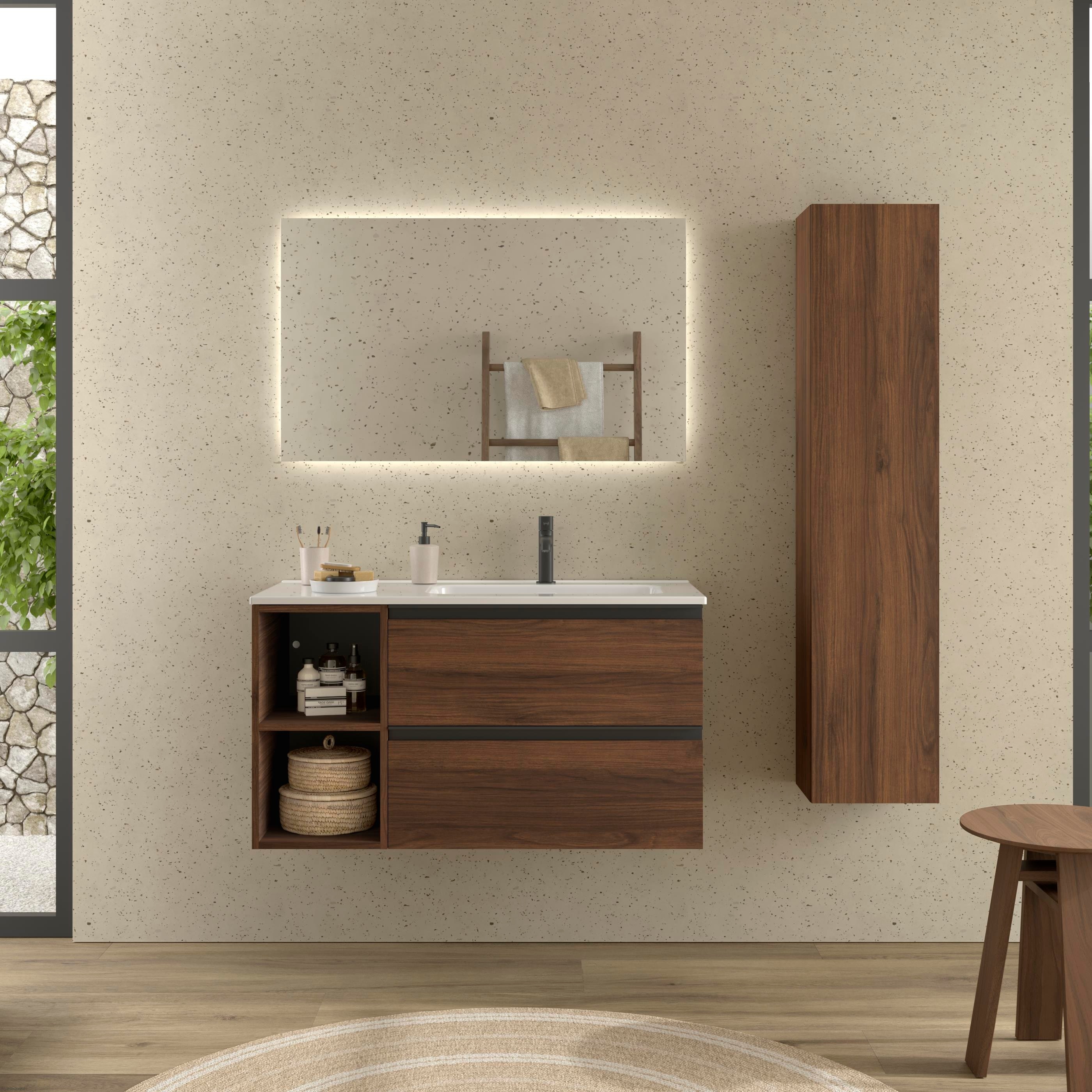 Imagen 2 de Mueble de baño con 2 cajones con 2 huecos y lavabo de 1 poza grifo derecha Bequia Plus Metal Salgar - Nogal 90 cm Nogal