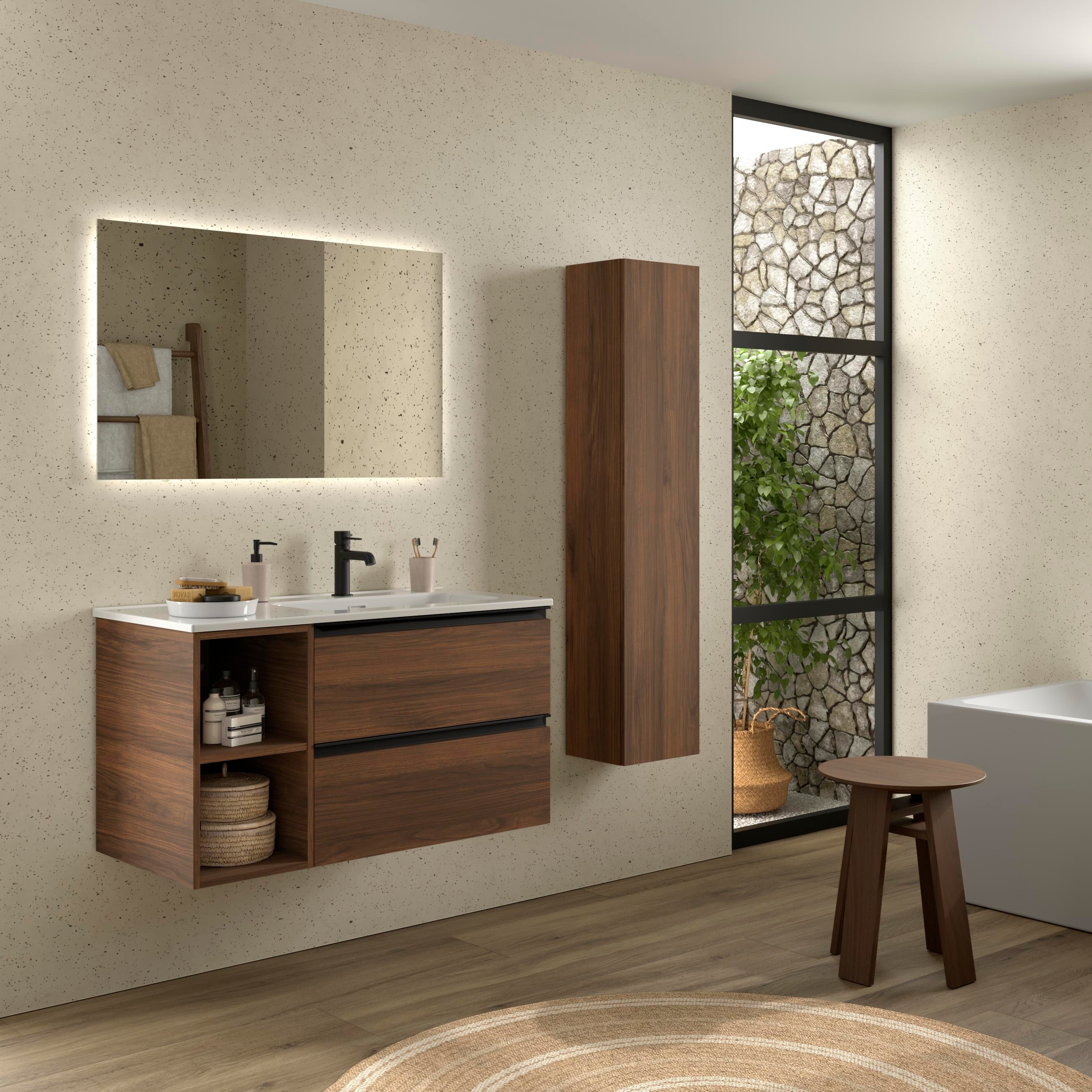 Imagen 3 de Mueble de baño con 2 cajones con 2 huecos y lavabo de 1 poza grifo derecha Bequia Plus Metal Salgar - Nogal 90 cm Nogal