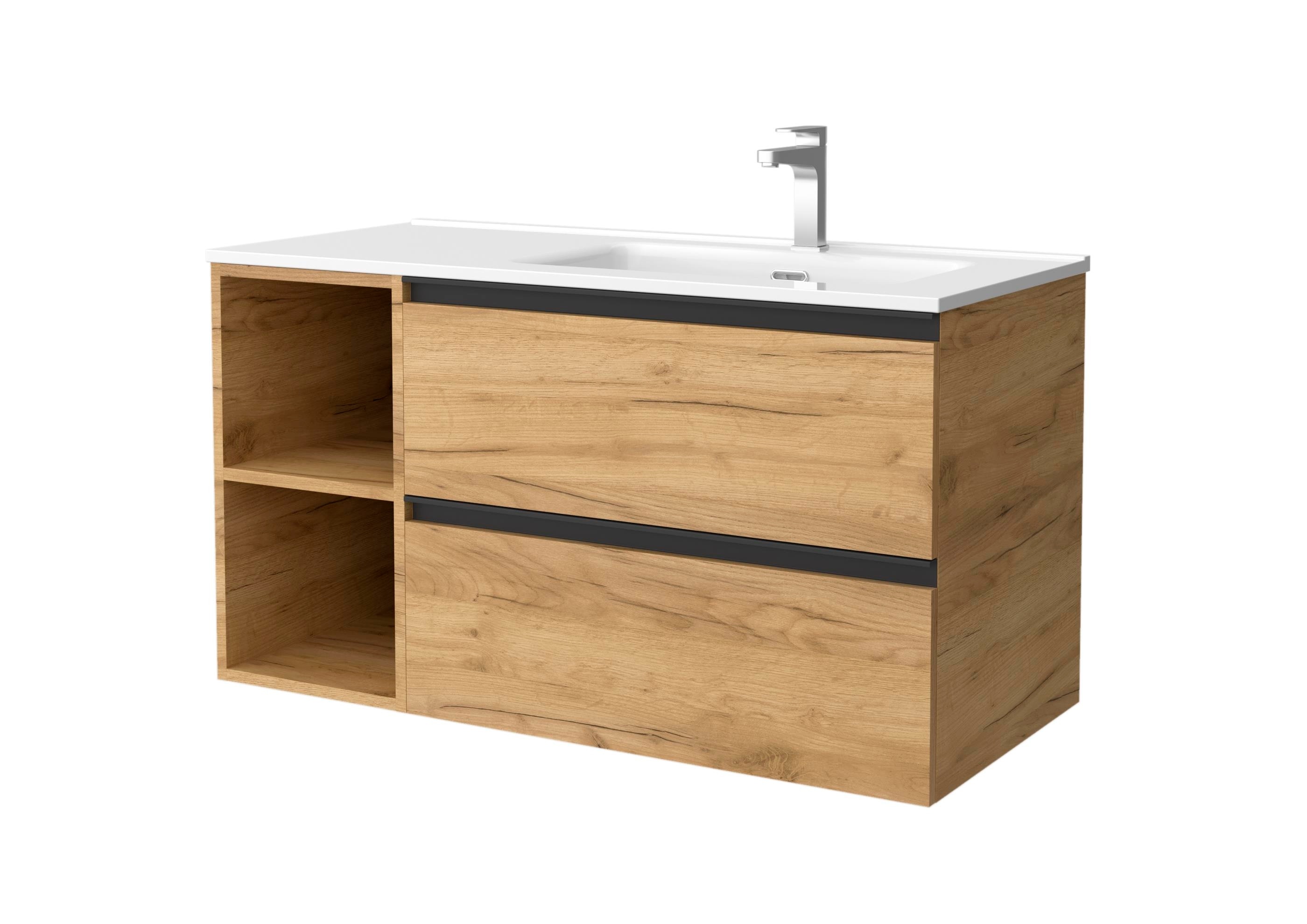 Imagen 1 de Mueble de baño con 2 cajones con 2 huecos y lavabo de 1 poza grifo derecha Bequia Plus Metal Salgar - Roble 90 cm Roble