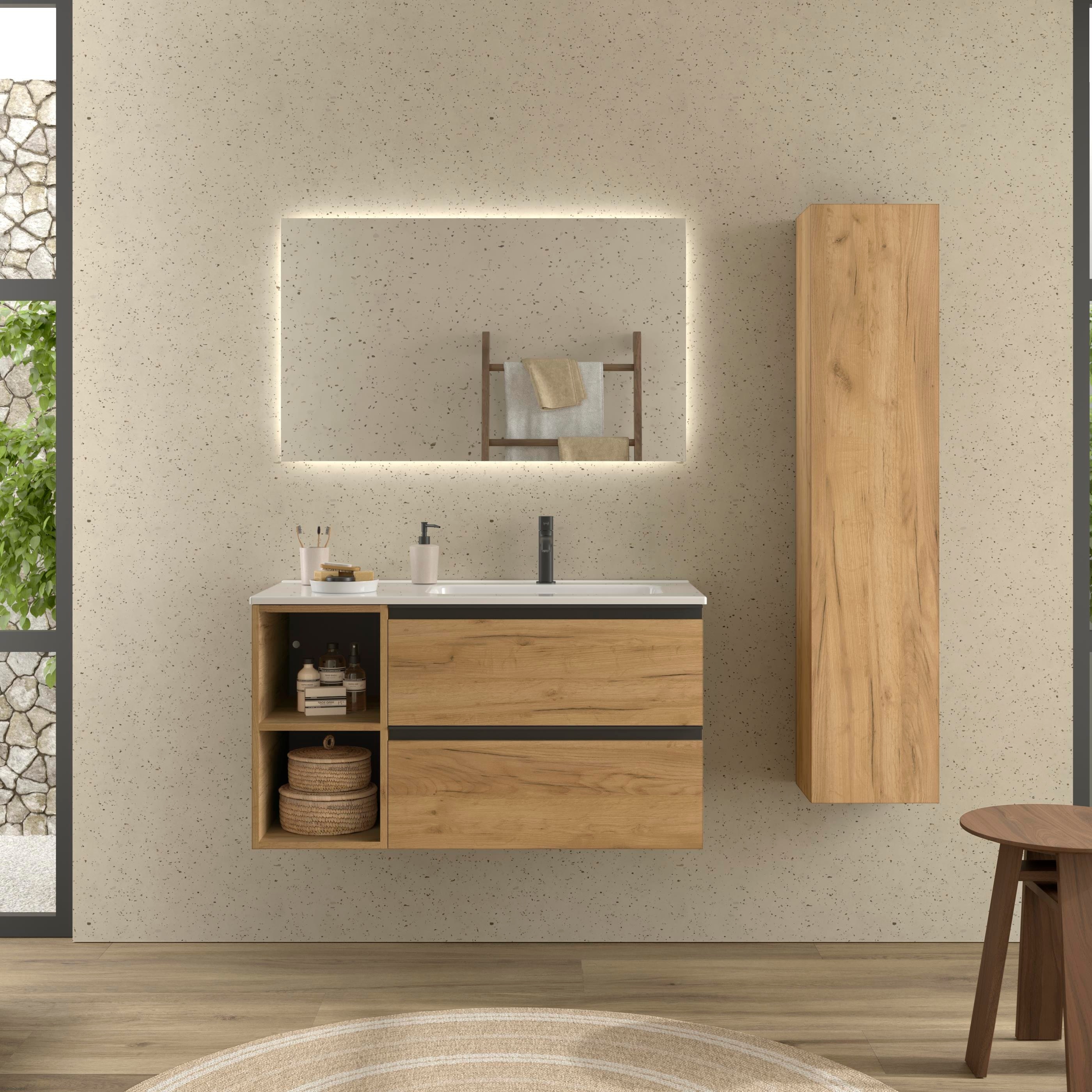 Imagen 2 de Mueble de baño con 2 cajones con 2 huecos y lavabo de 1 poza grifo derecha Bequia Plus Metal Salgar - Roble 90 cm Roble