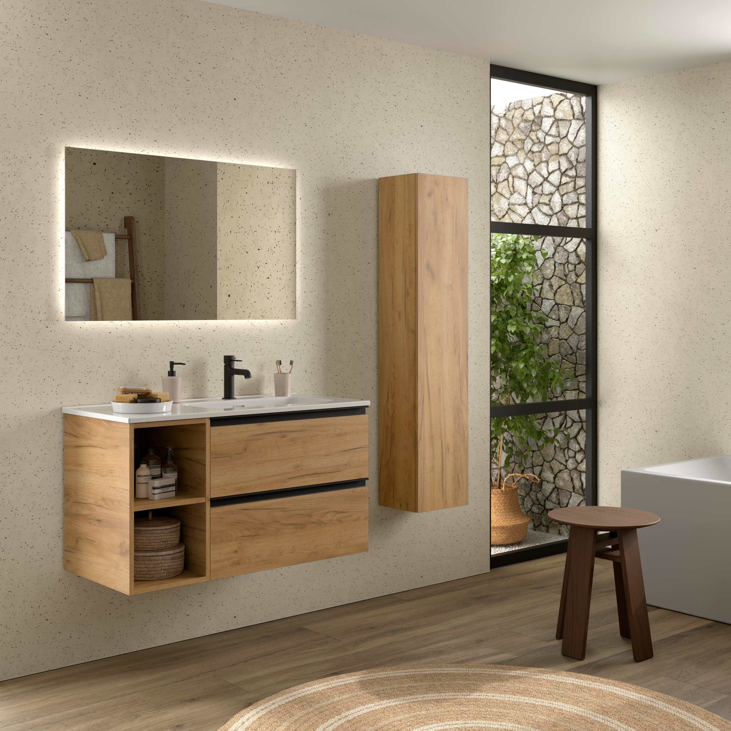 Imagen 3 de Mueble de baño con 2 cajones con 2 huecos y lavabo de 1 poza grifo derecha Bequia Plus Metal Salgar - Roble 90 cm Roble