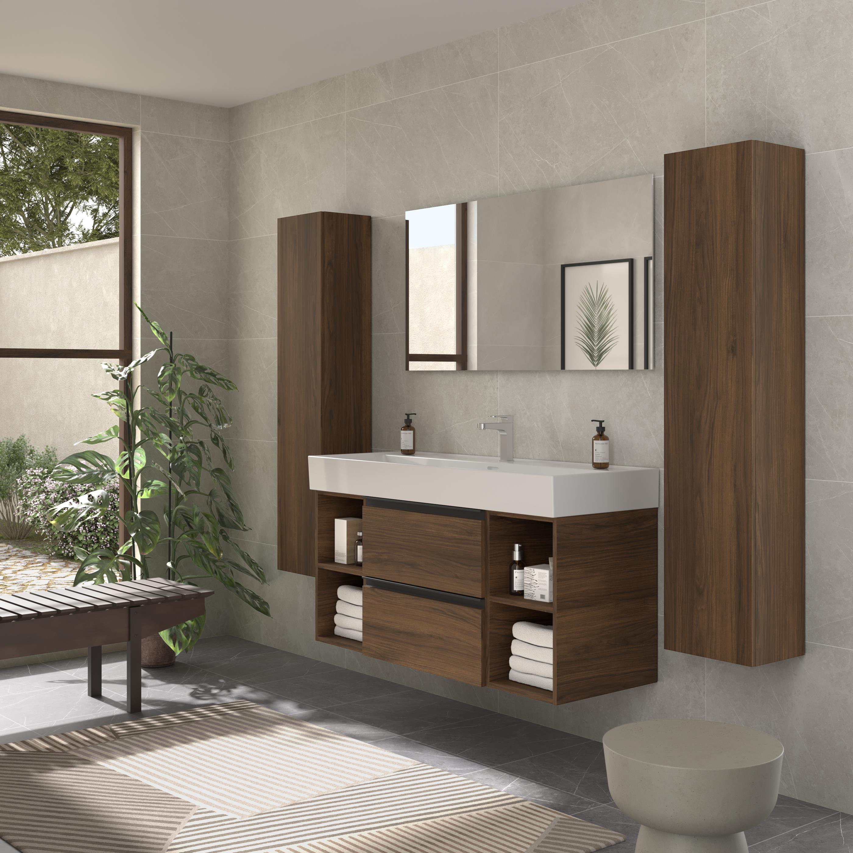 Imagen 3 de Mueble de baño con 2 cajones con 2 huecos y lavabo Veneto de 1 poza Bequia Plus Metal Salgar - Nogal 120 cm Nogal