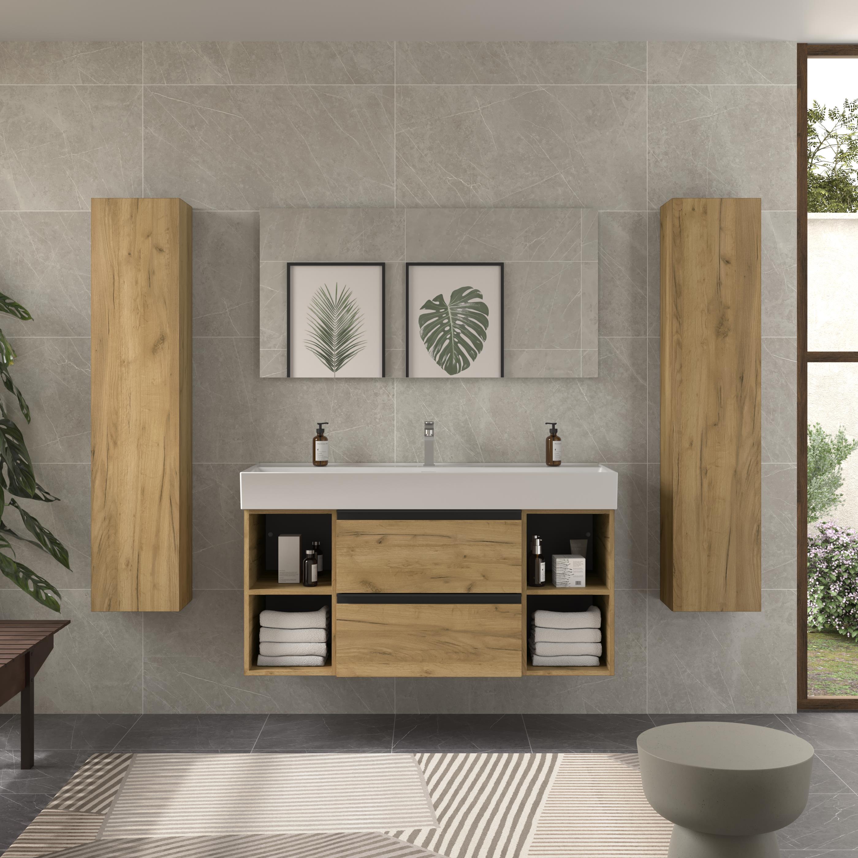 Imagen 2 de Mueble de baño con 2 cajones con 2 huecos y lavabo Veneto de 1 poza Bequia Plus Metal Salgar - Roble 120 cm Roble