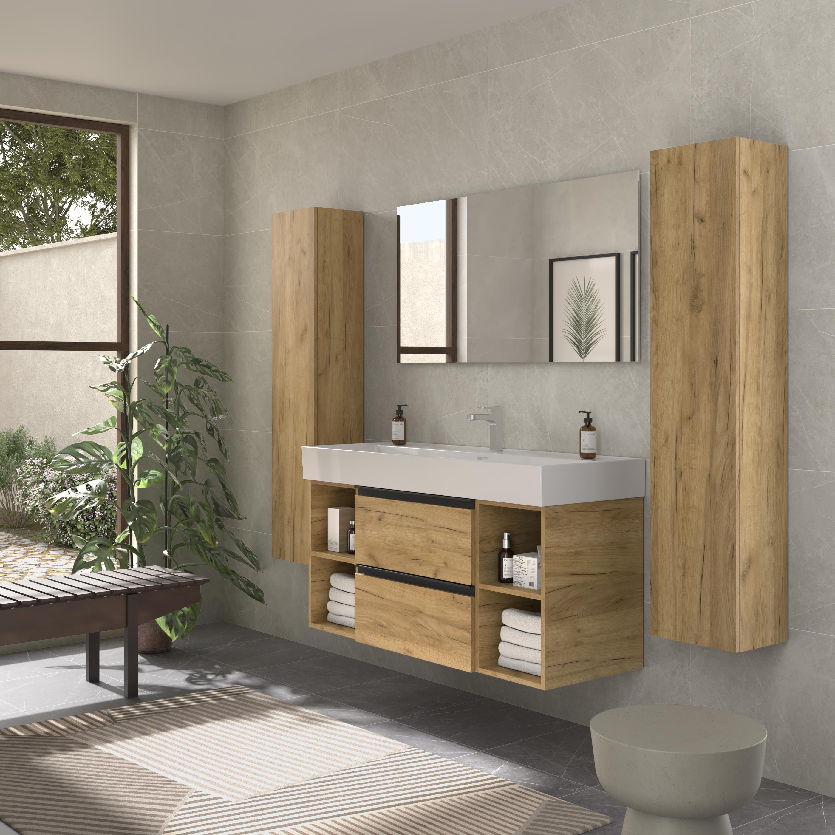 Imagen 3 de Mueble de baño con 2 cajones con 2 huecos y lavabo Veneto de 1 poza Bequia Plus Metal Salgar - Roble 120 cm Roble