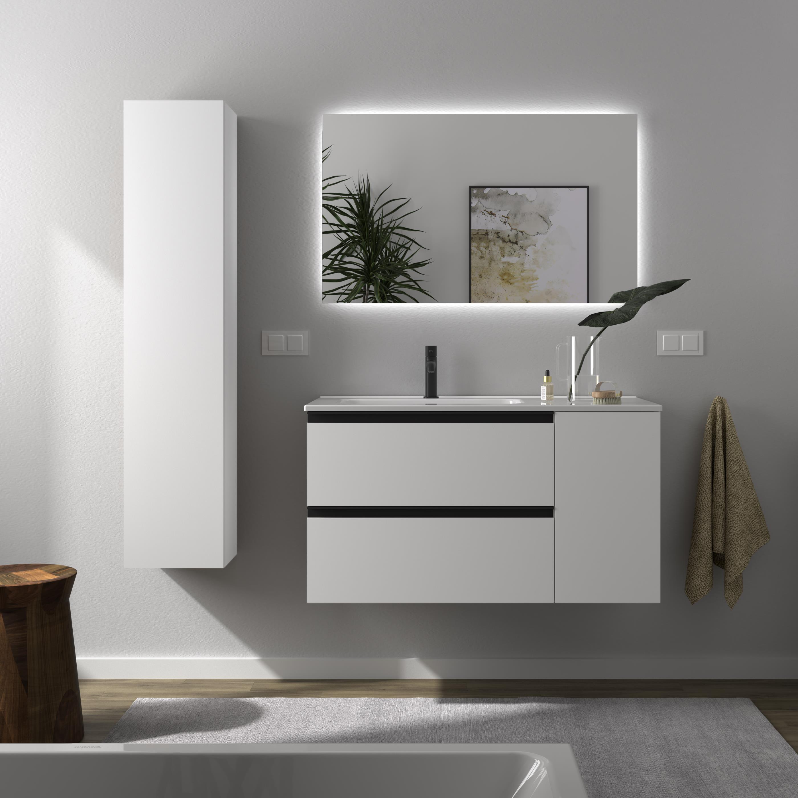 Imagen 2 de Mueble de baño con 2 cajones con 1 puerta y lavabo de 1 poza grifo izquierda Bequia Plus Metal Salgar - Blanco mate 90 cm Blanco mate