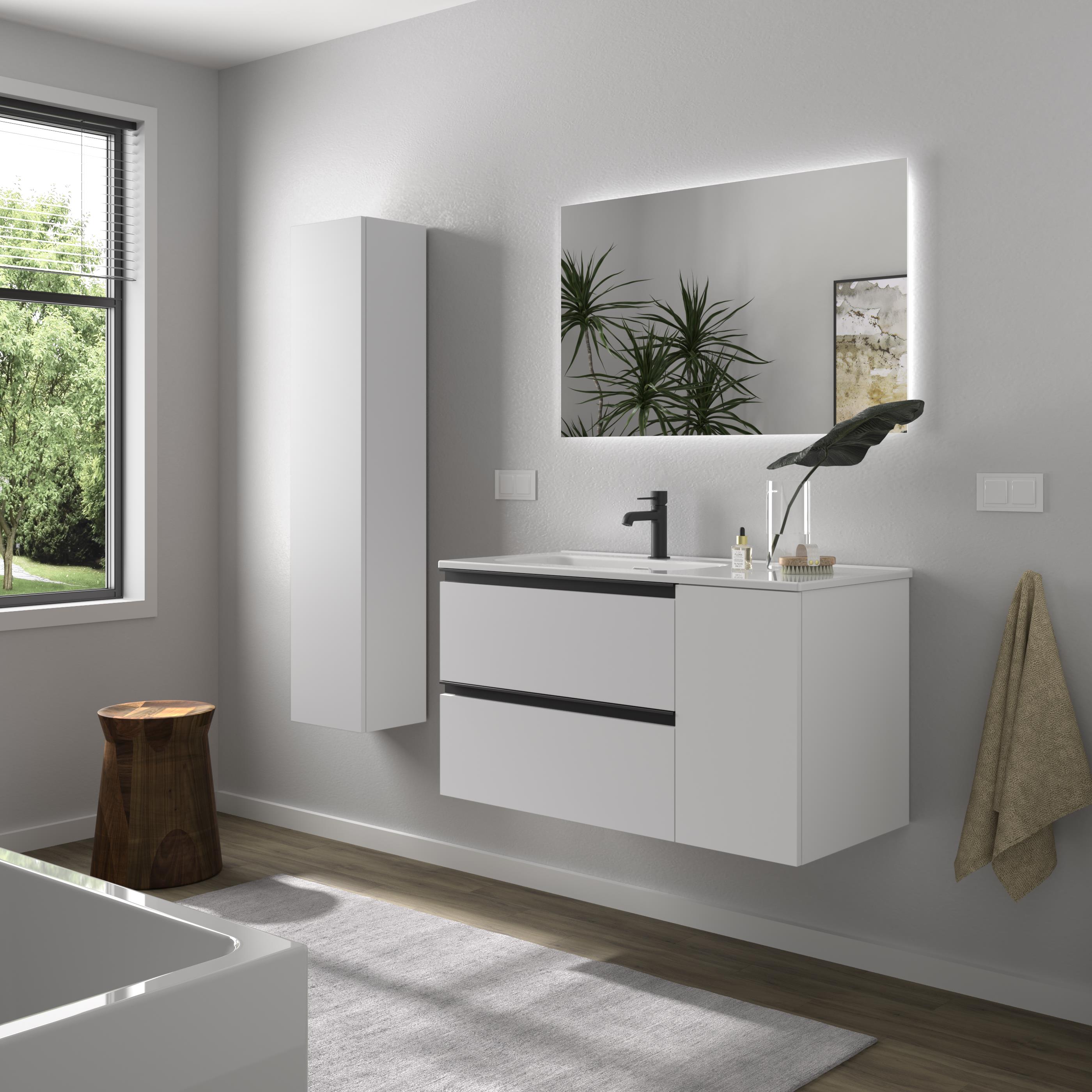Imagen 3 de Mueble de baño con 2 cajones con 1 puerta y lavabo de 1 poza grifo izquierda Bequia Plus Metal Salgar - Blanco mate 90 cm Blanco mate