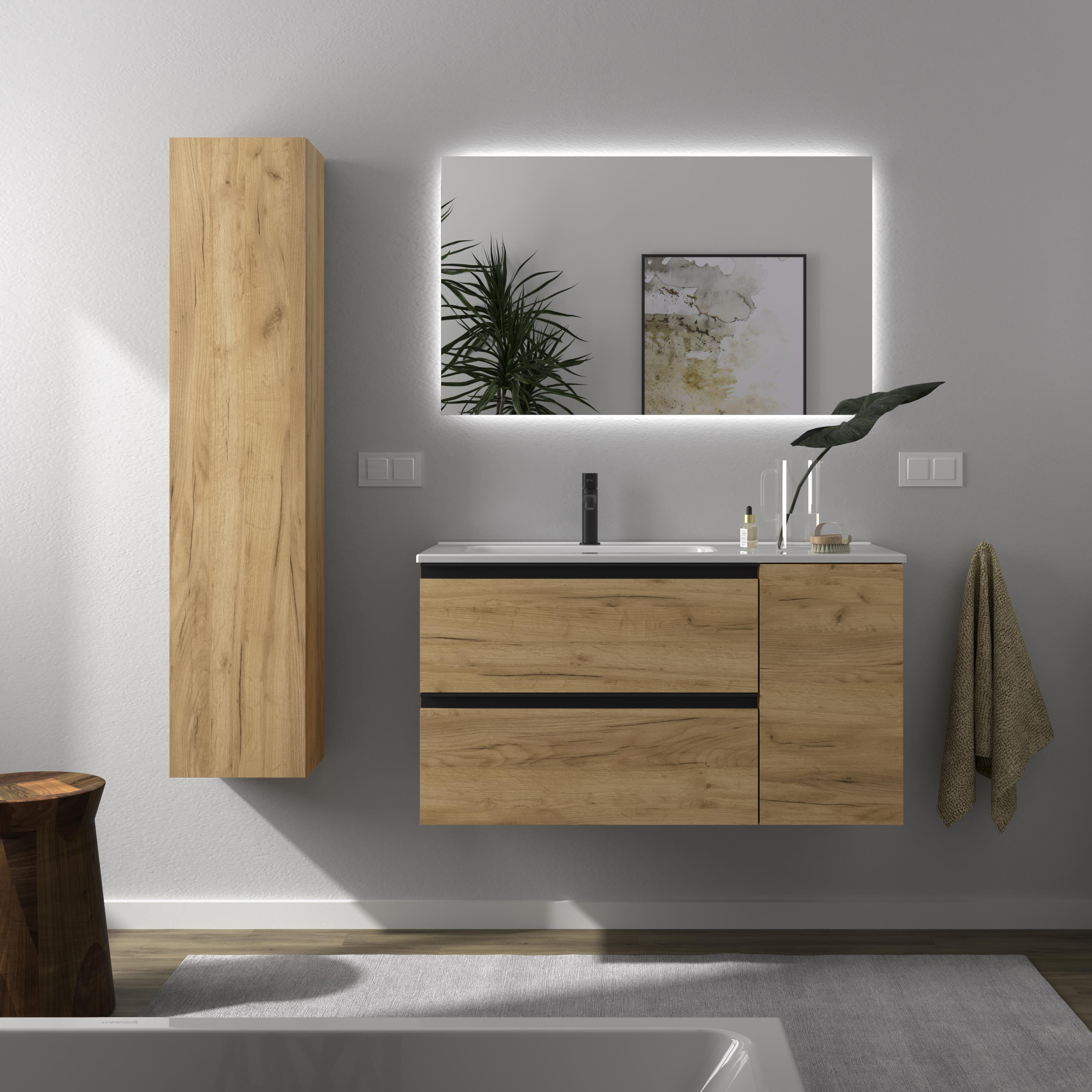 Imagen 2 de Mueble de baño con 2 cajones con 1 puerta y lavabo de 1 poza grifo izquierda Bequia Plus Metal Salgar - Roble 90 cm Roble