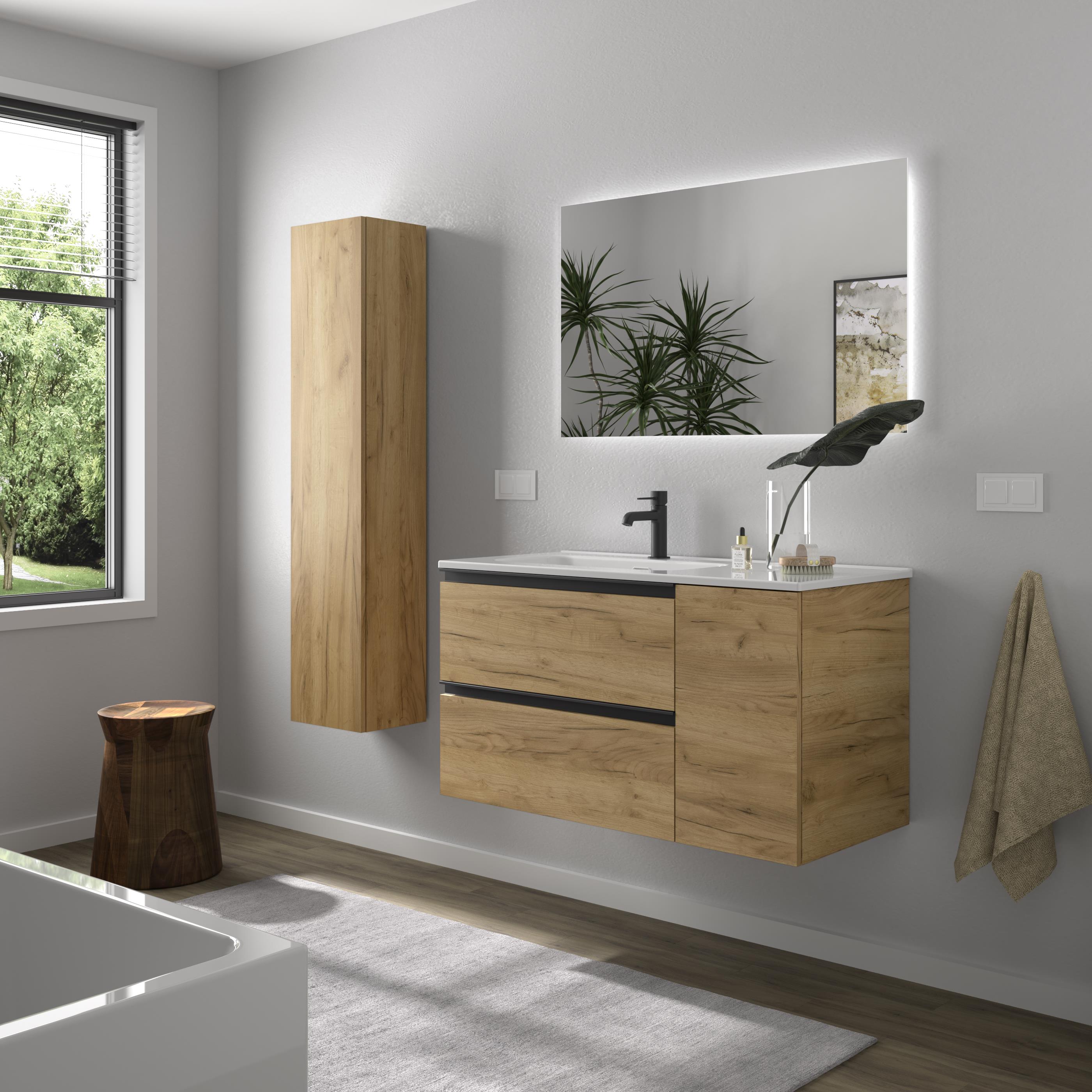 Imagen 3 de Mueble de baño con 2 cajones con 1 puerta y lavabo de 1 poza grifo izquierda Bequia Plus Metal Salgar - Roble 90 cm Roble