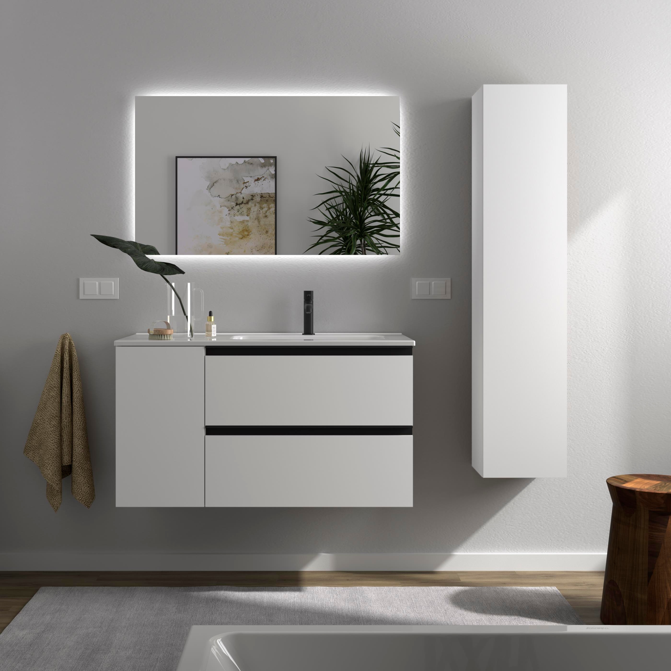 Imagen 2 de Mueble de baño con 2 cajones con 1 puerta y lavabo de 1 poza grifo derecha Bequia Plus Metal Salgar - Blanco mate 90 cm Blanco mate