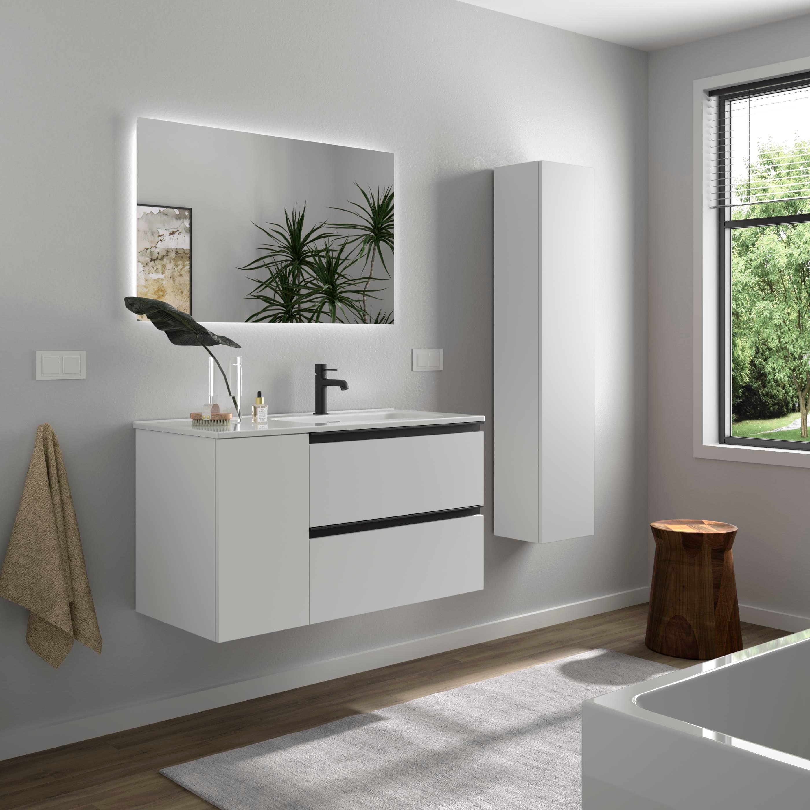 Imagen 3 de Mueble de baño con 2 cajones con 1 puerta y lavabo de 1 poza grifo derecha Bequia Plus Metal Salgar - Blanco mate 90 cm Blanco mate
