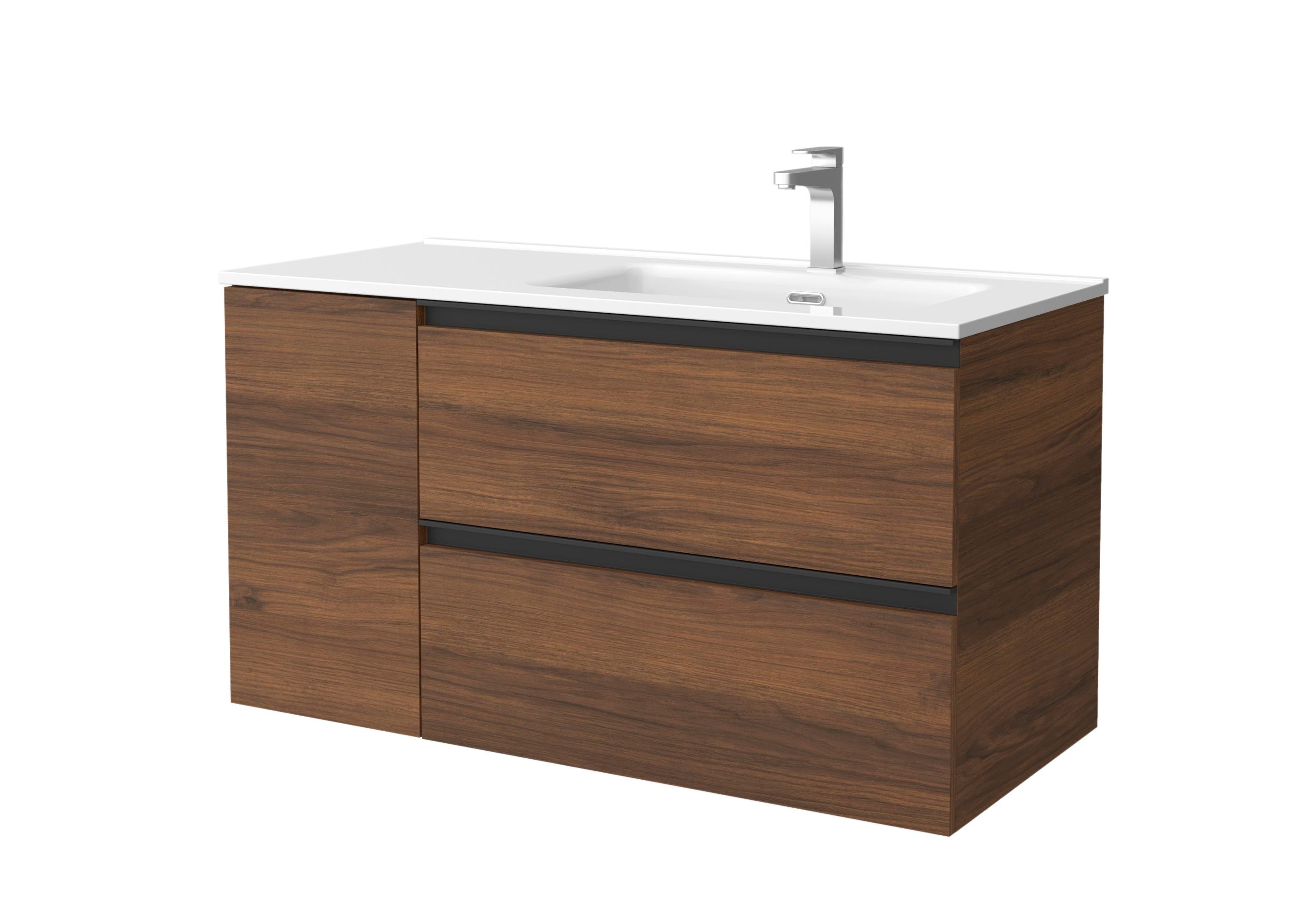 Imagen 1 de Mueble de baño con 2 cajones con 1 puerta y lavabo de 1 poza grifo derecha Bequia Plus Metal Salgar - Nogal 90 cm Nogal