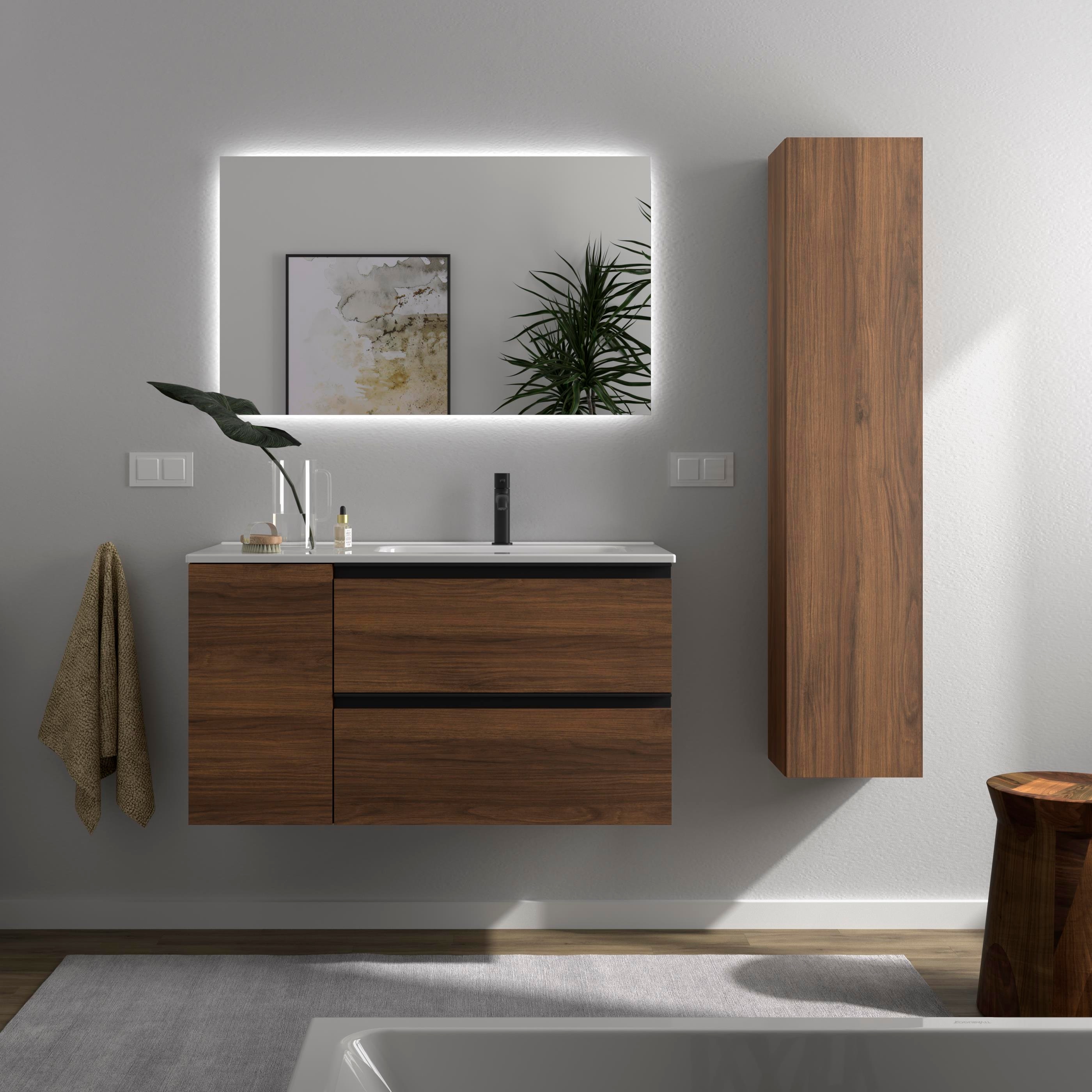 Imagen 2 de Mueble de baño con 2 cajones con 1 puerta y lavabo de 1 poza grifo derecha Bequia Plus Metal Salgar - Nogal 90 cm Nogal
