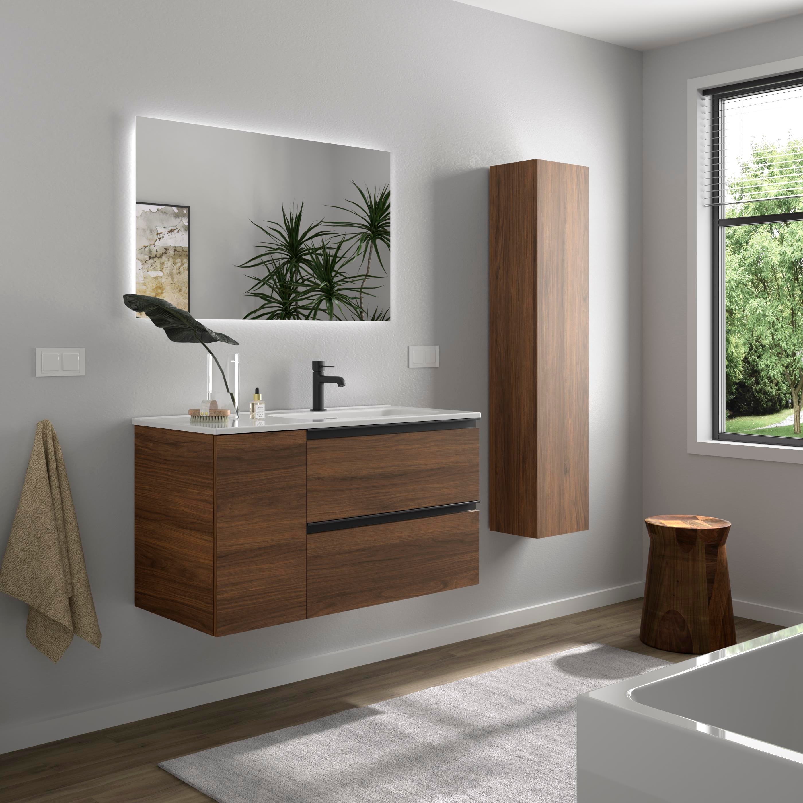 Imagen 3 de Mueble de baño con 2 cajones con 1 puerta y lavabo de 1 poza grifo derecha Bequia Plus Metal Salgar - Nogal 90 cm Nogal