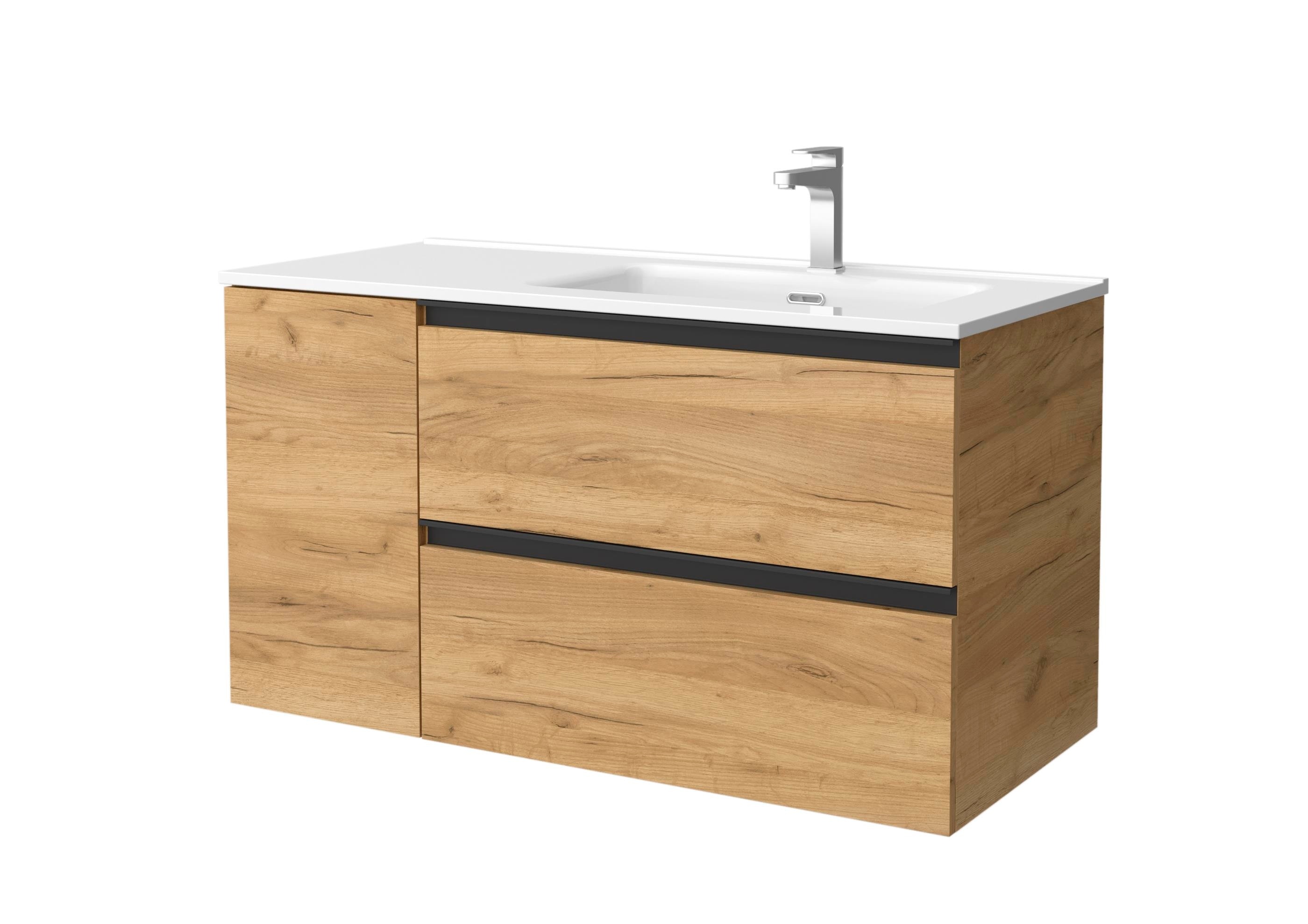 Imagen 1 de Mueble de baño con 2 cajones con 1 puerta y lavabo de 1 poza grifo derecha Bequia Plus Metal Salgar - Roble 90 cm Roble