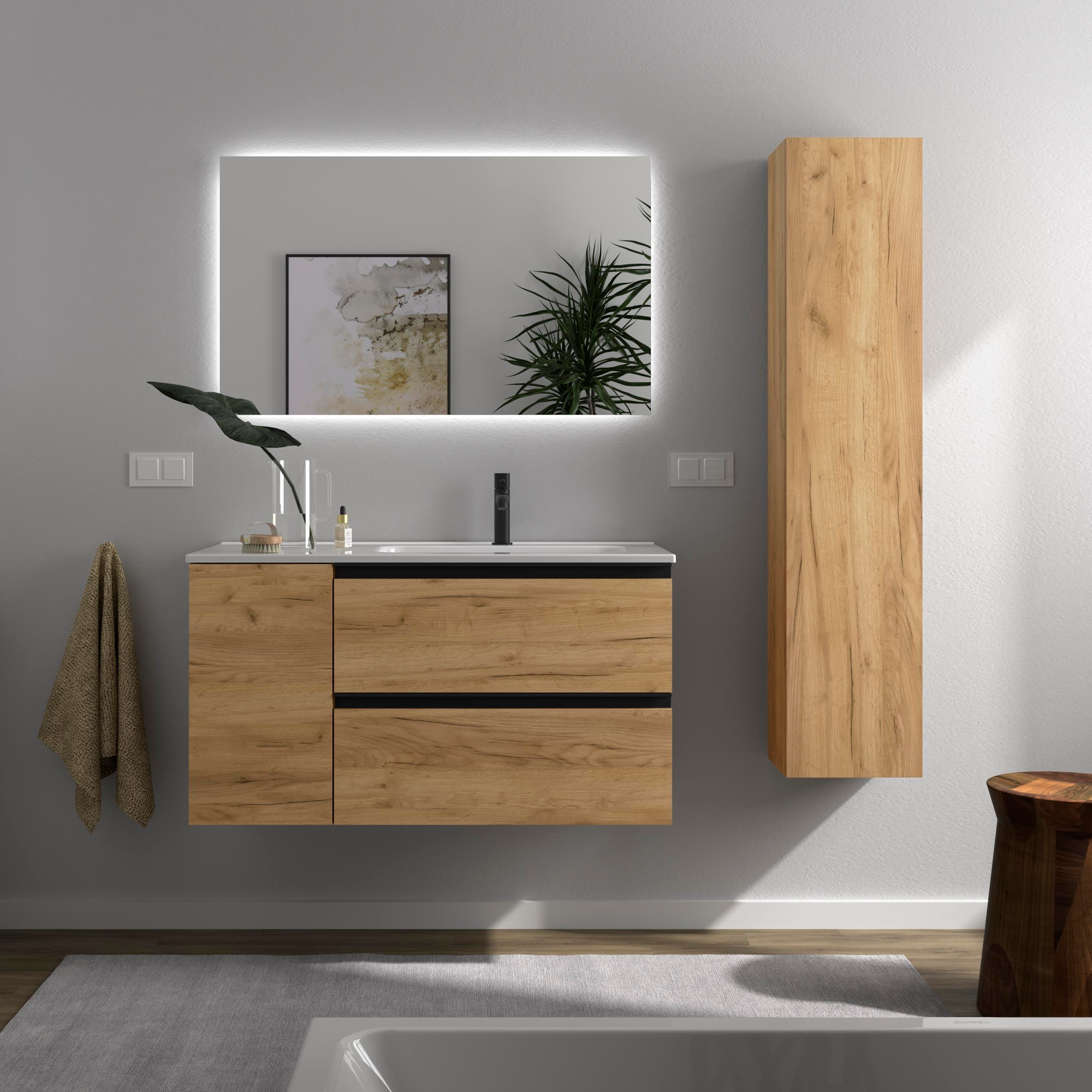 Imagen 2 de Mueble de baño con 2 cajones con 1 puerta y lavabo de 1 poza grifo derecha Bequia Plus Metal Salgar - Roble 90 cm Roble