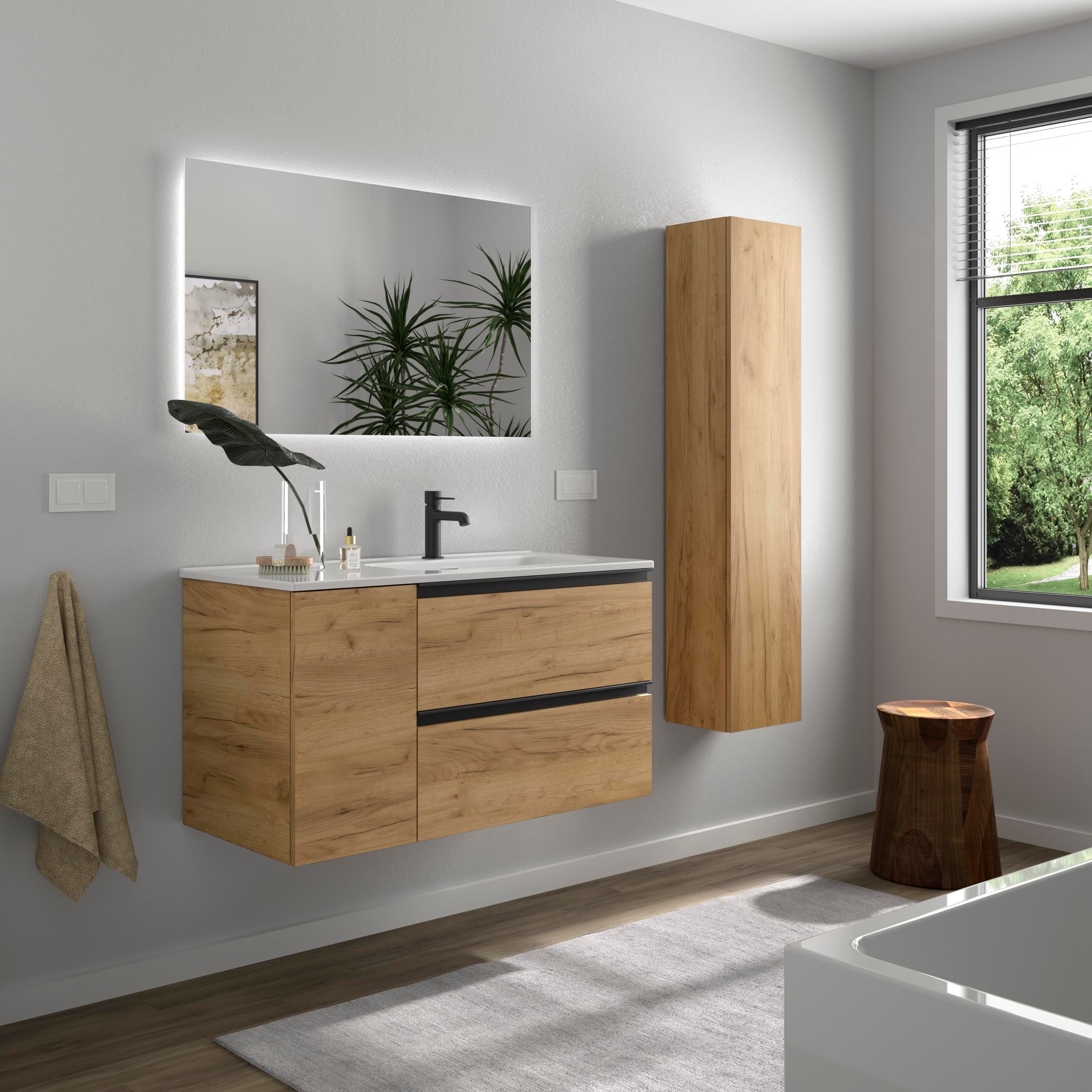 Imagen 3 de Mueble de baño con 2 cajones con 1 puerta y lavabo de 1 poza grifo derecha Bequia Plus Metal Salgar - Roble 90 cm Roble
