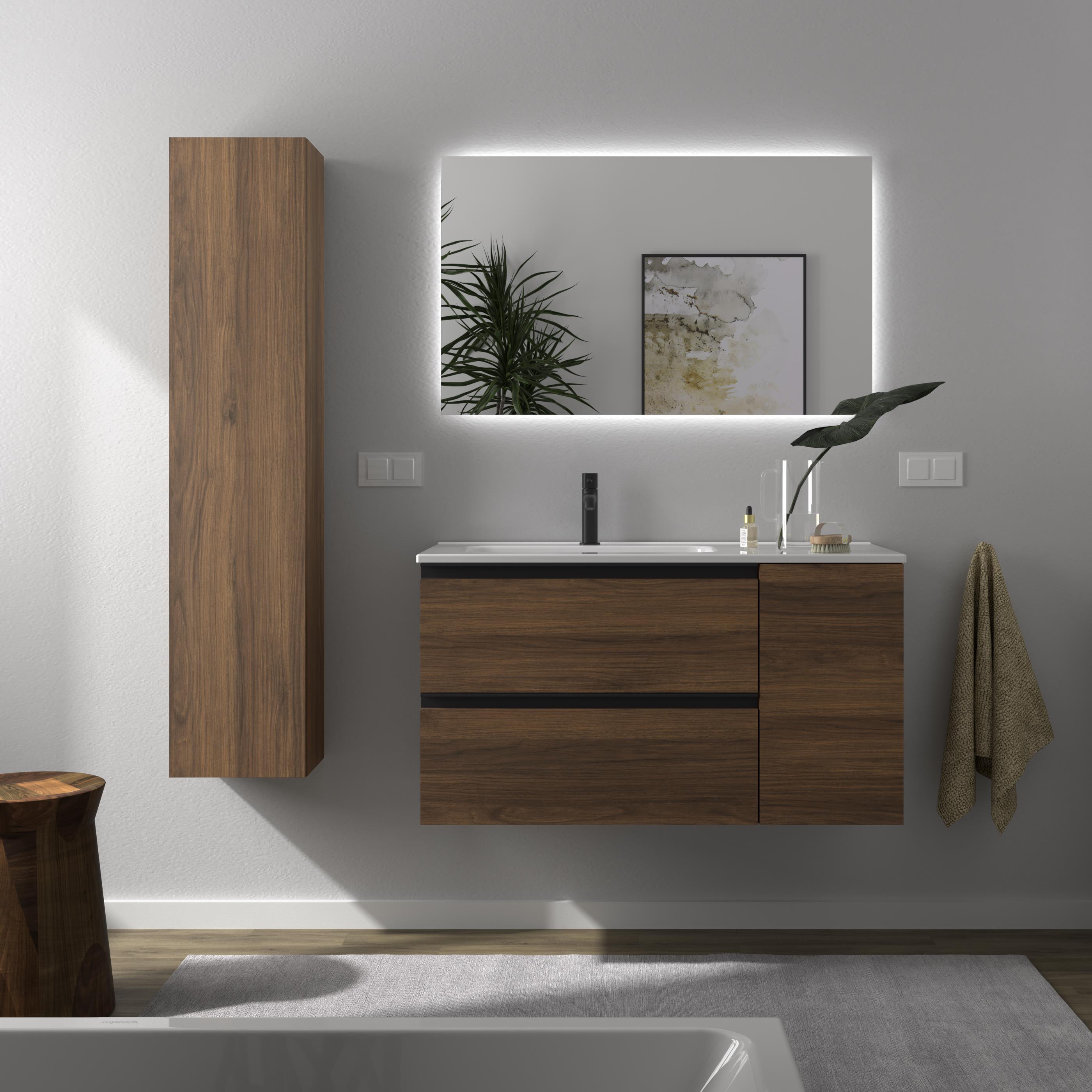 Imagen 2 de Mueble de baño con 2 cajones con 1 puerta y lavabo de 1 poza grifo izquierda Bequia Plus Metal Salgar - Nogal 100 cm Nogal