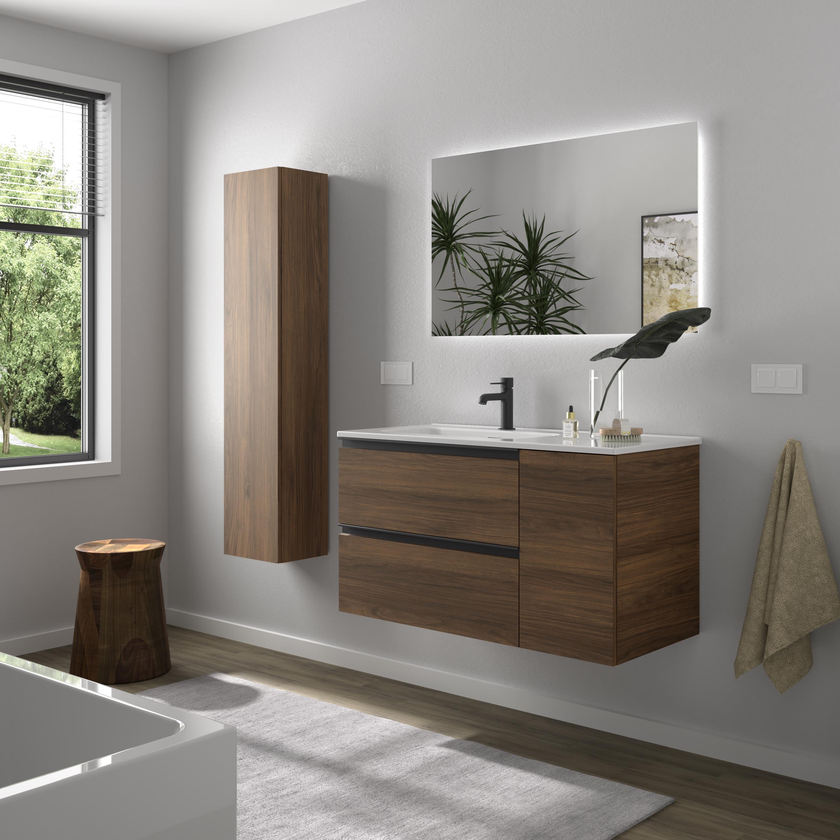 Imagen 3 de Mueble de baño con 2 cajones con 1 puerta y lavabo de 1 poza grifo izquierda Bequia Plus Metal Salgar - Nogal 100 cm Nogal