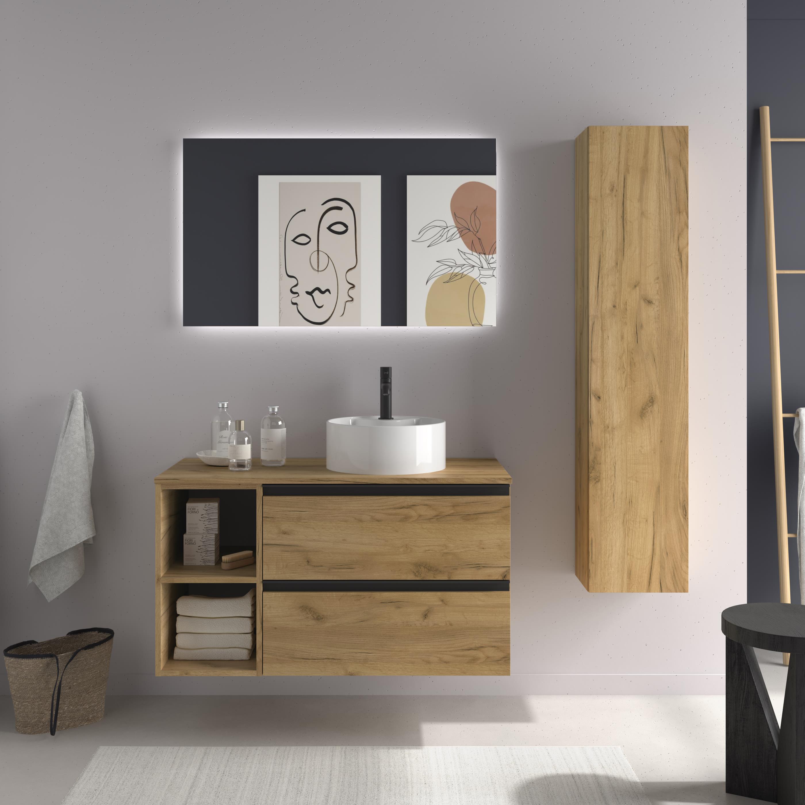 Imagen 2 de Mueble de baño con 2 cajones con 2 huecos y lavabo sobre encimera de 1 poza lado reversible Bequia Plus Metal Salgar - Roble 90 cm Roble