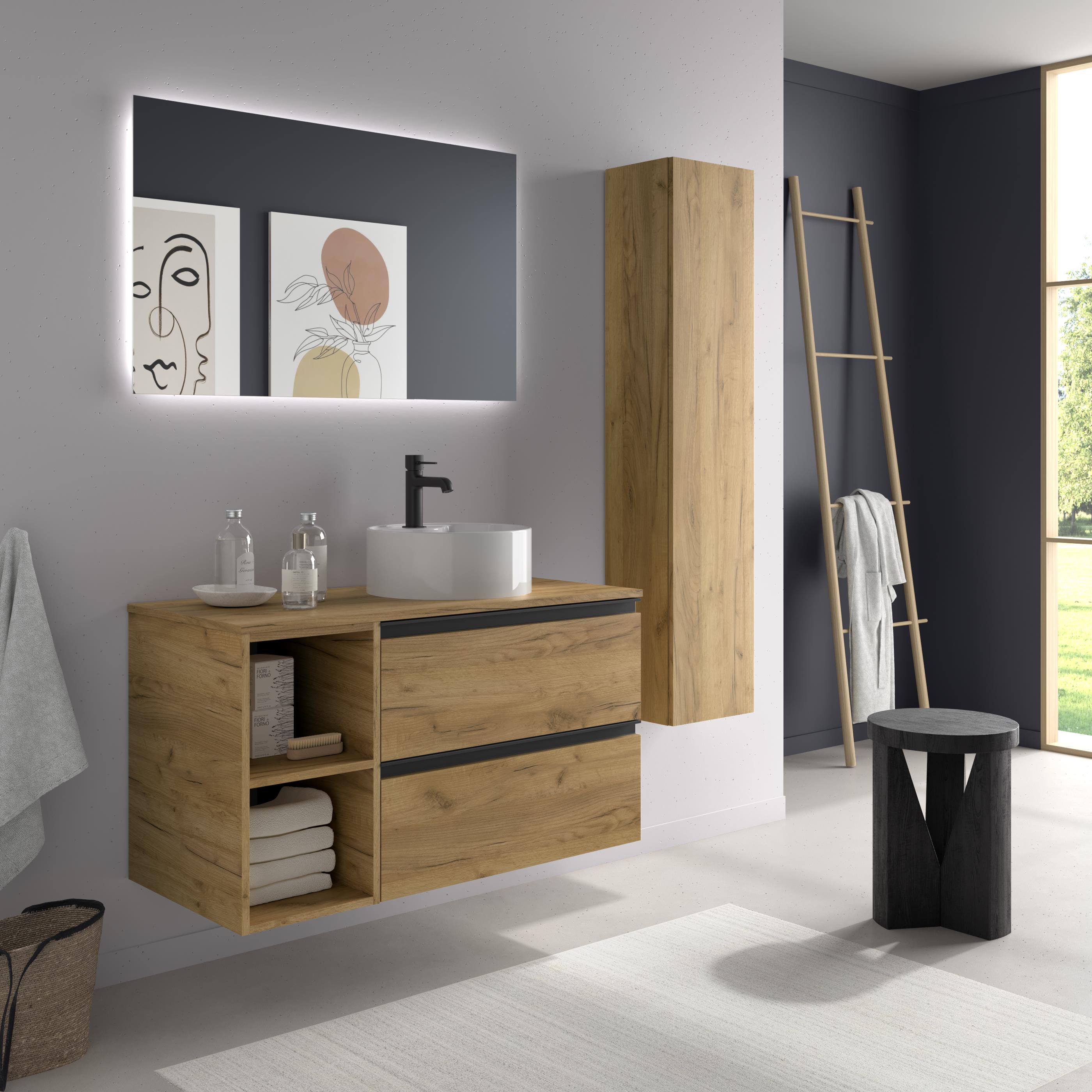 Imagen 3 de Mueble de baño con 2 cajones con 2 huecos y lavabo sobre encimera de 1 poza lado reversible Bequia Plus Metal Salgar - Roble 90 cm Roble