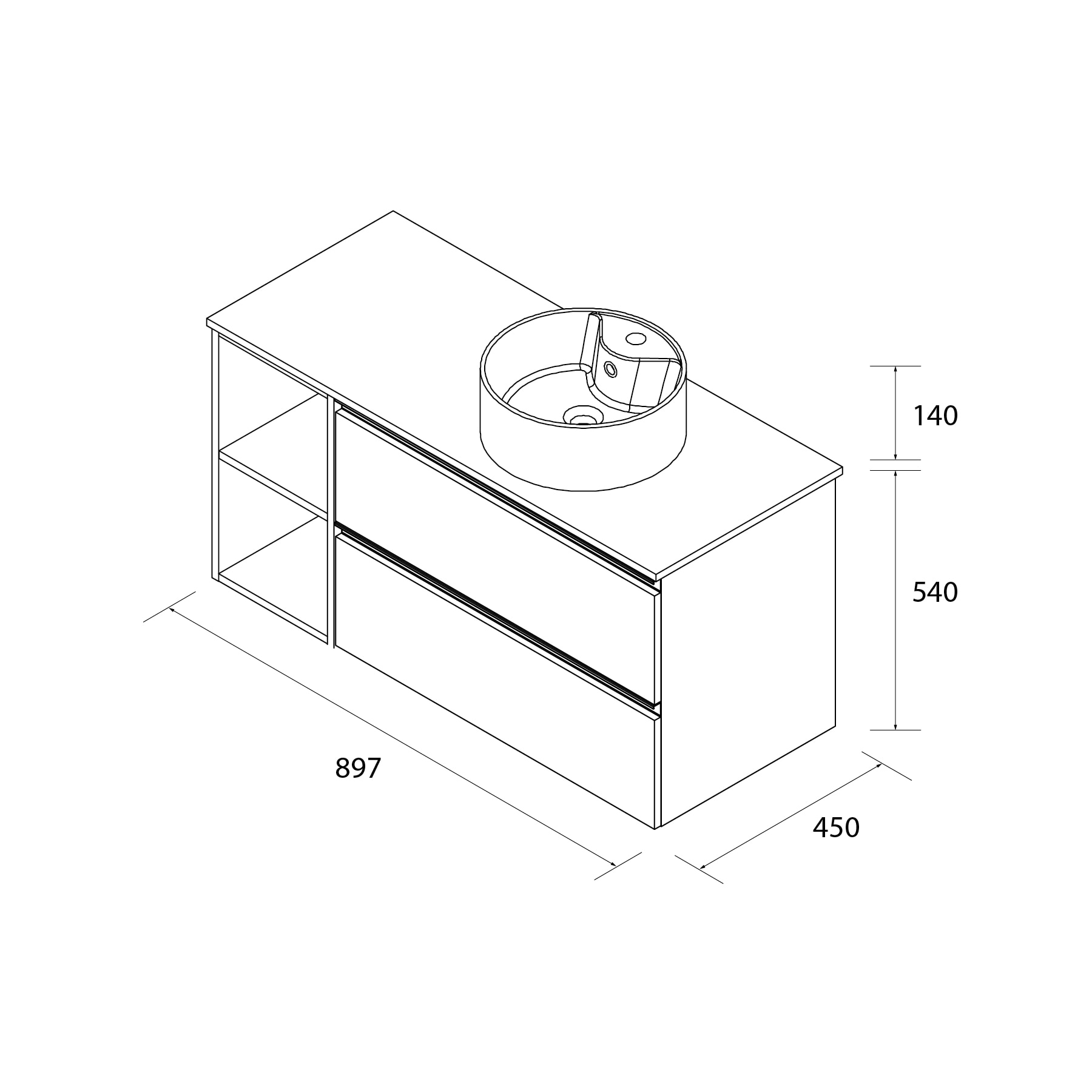 Imagen 6 de Mueble de baño con 2 cajones con 2 huecos y lavabo sobre encimera de 1 poza lado reversible Bequia Plus Metal Salgar - Roble 90 cm Roble