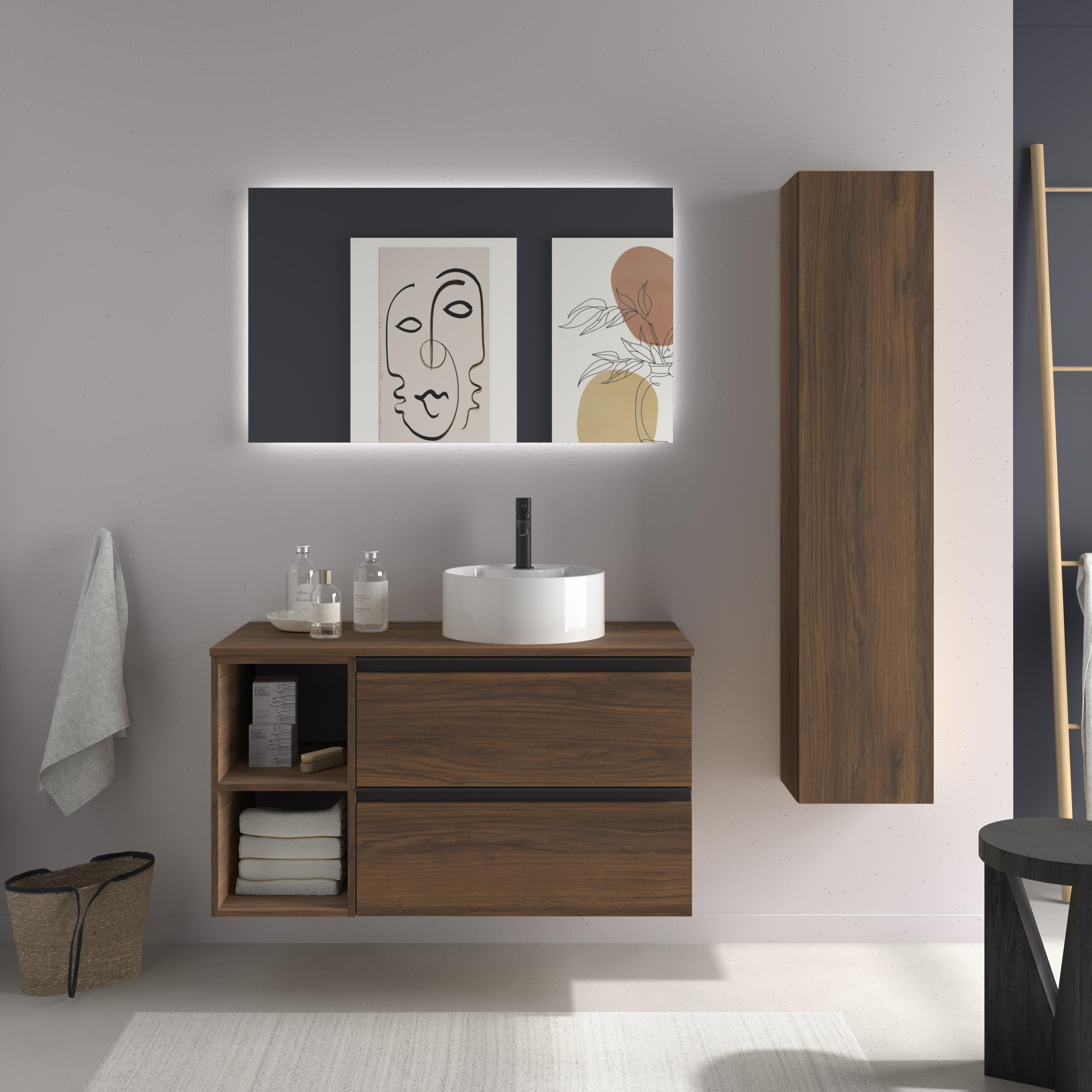 Imagen 2 de Mueble de baño con 2 cajones con 2 huecos y lavabo sobre encimera de 1 poza lado reversible Bequia Plus Metal Salgar - Nogal 90 cm Nogal