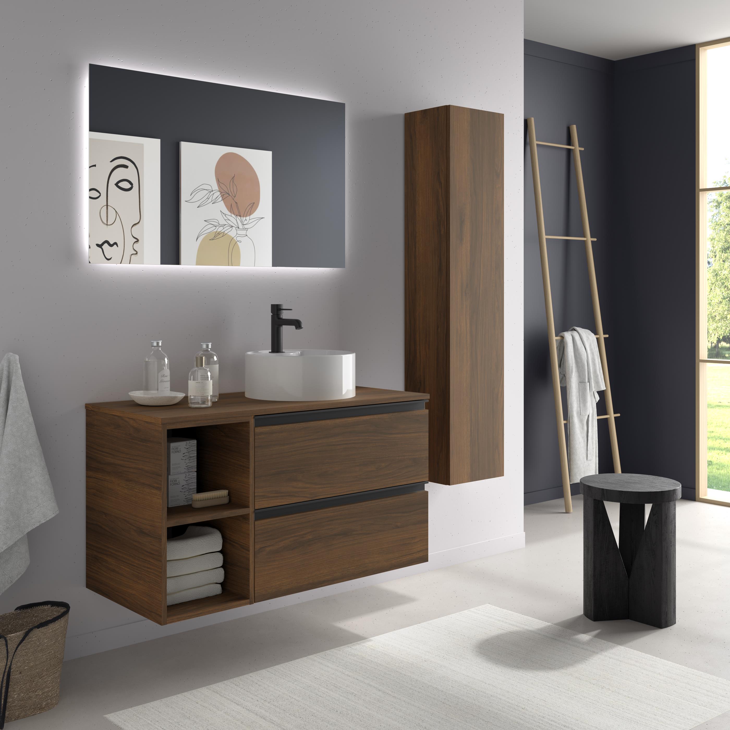 Imagen 3 de Mueble de baño con 2 cajones con 2 huecos y lavabo sobre encimera de 1 poza lado reversible Bequia Plus Metal Salgar - Nogal 90 cm Nogal