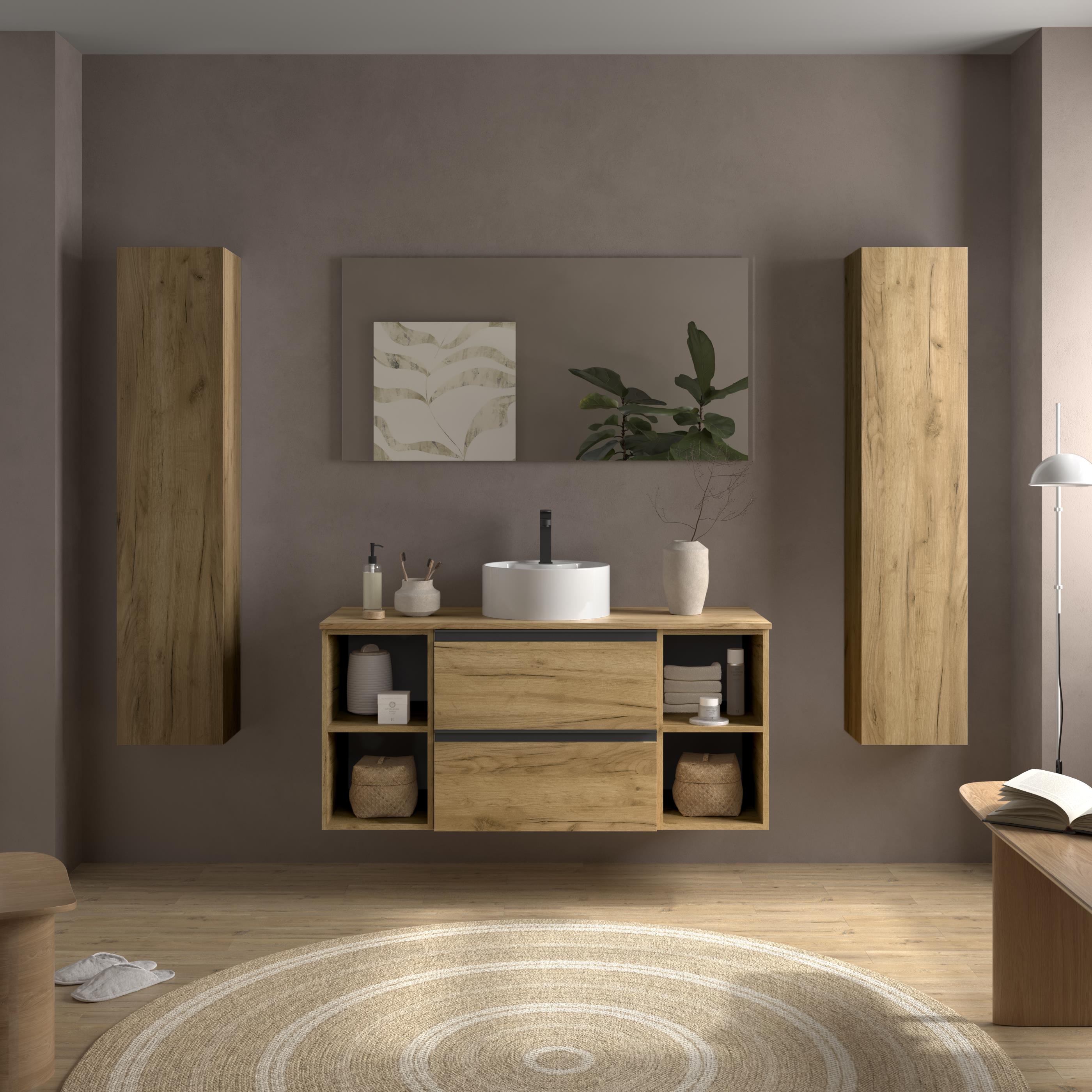 Imagen 2 de Mueble de baño con 2 cajones con 2 huecos y lavabo sobre encimera de 1 poza Bequia Plus Metal Salgar - Roble 120 cm Roble